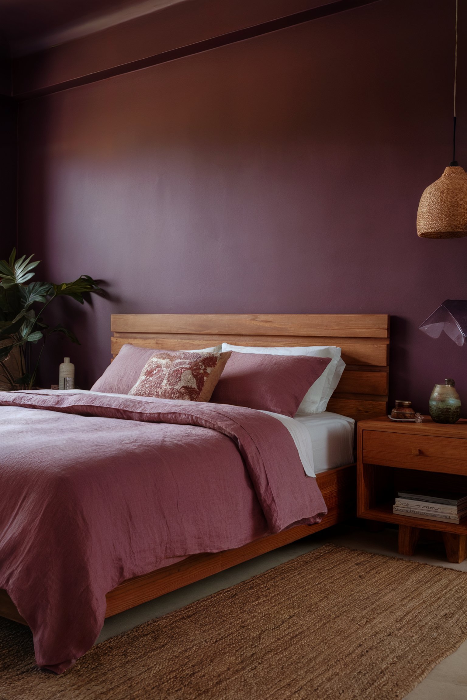 Bedroom with rich purple walls and natural wood bed, featuring mauve bedding and bohemian decor