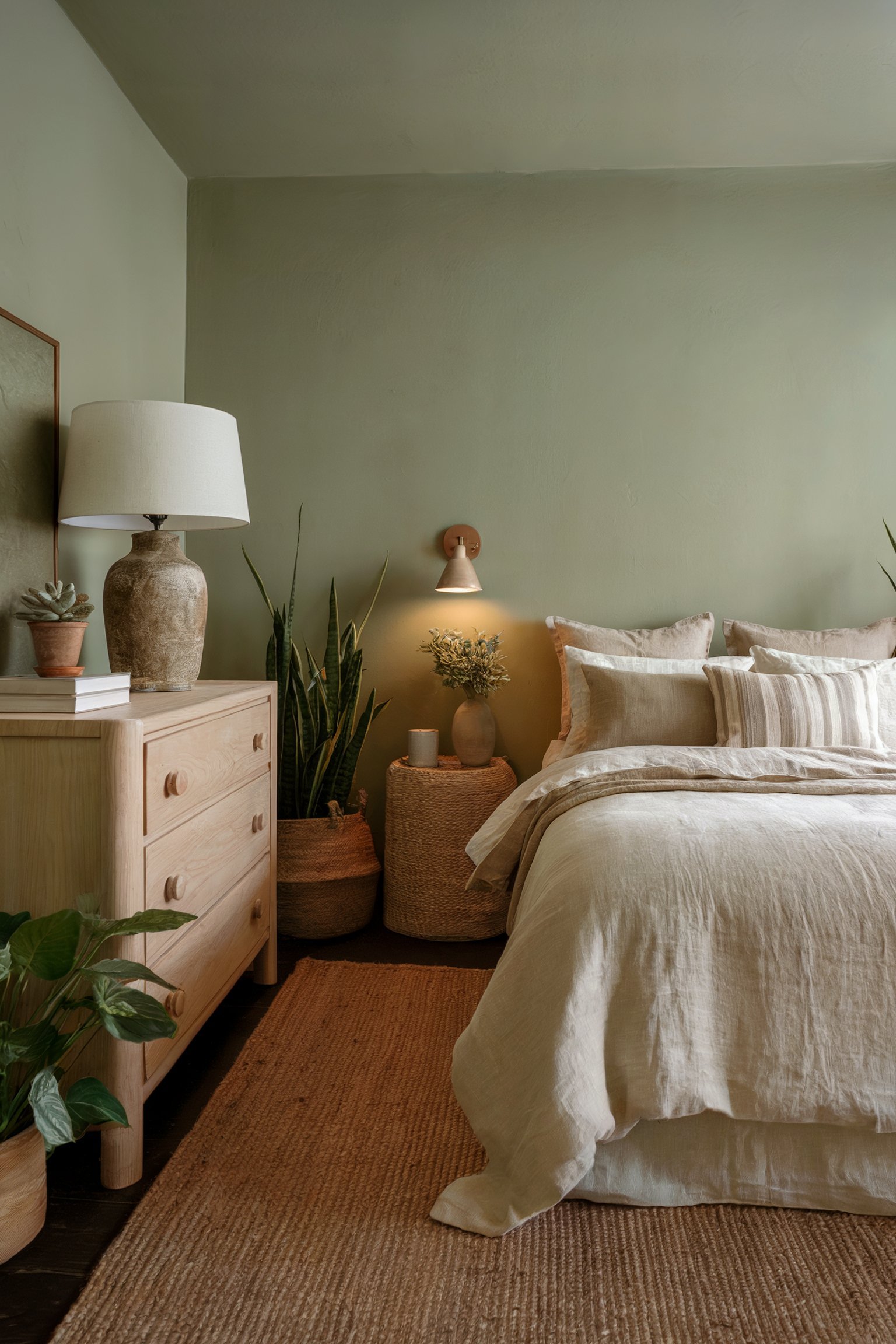An inviting bedroom featuring sage green walls, natural woven decor, and a mix of earthy textures, all adding to a relaxed, nature-inspired aesthetic