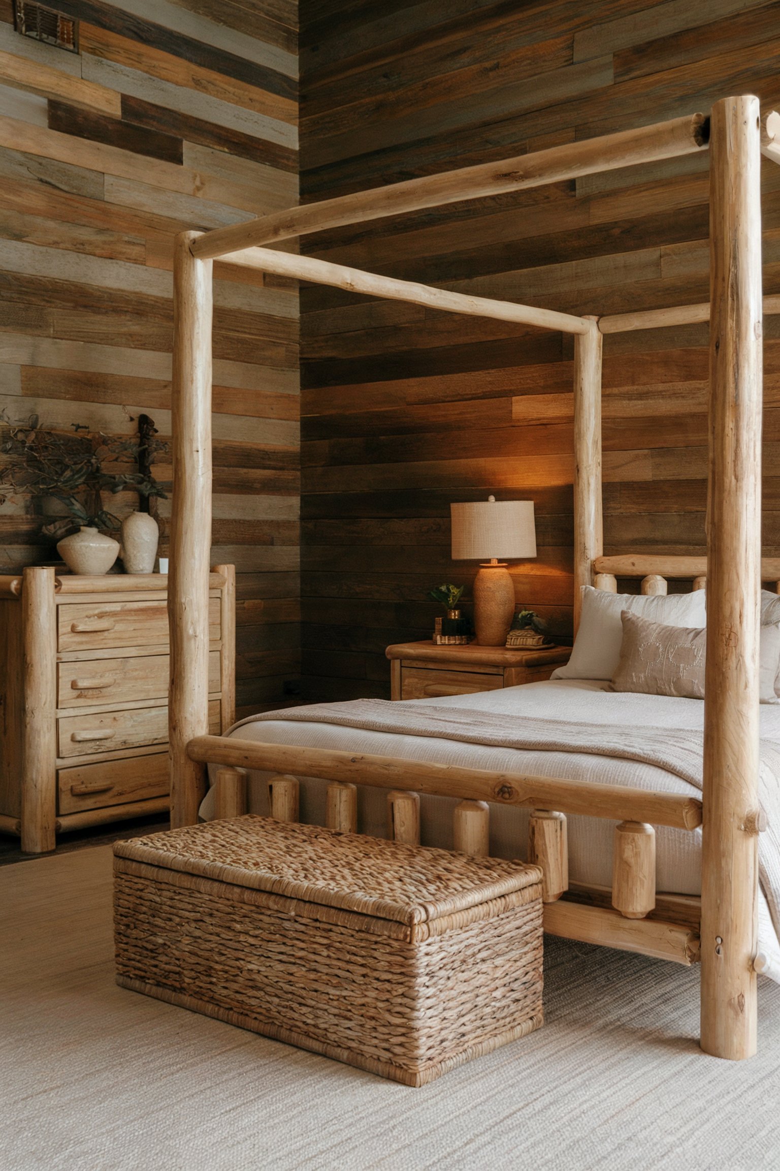 Bedroom with rich wooden wall paneling and bed frame, complemented by rustic decor for a warm, earthy ambiance
