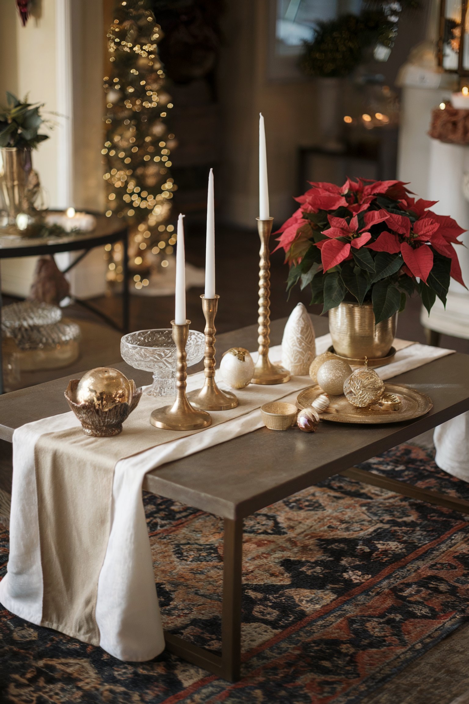A cozy coffee table setup featuring gold candlesticks, red poinsettias, gold ornaments, and a white table runner