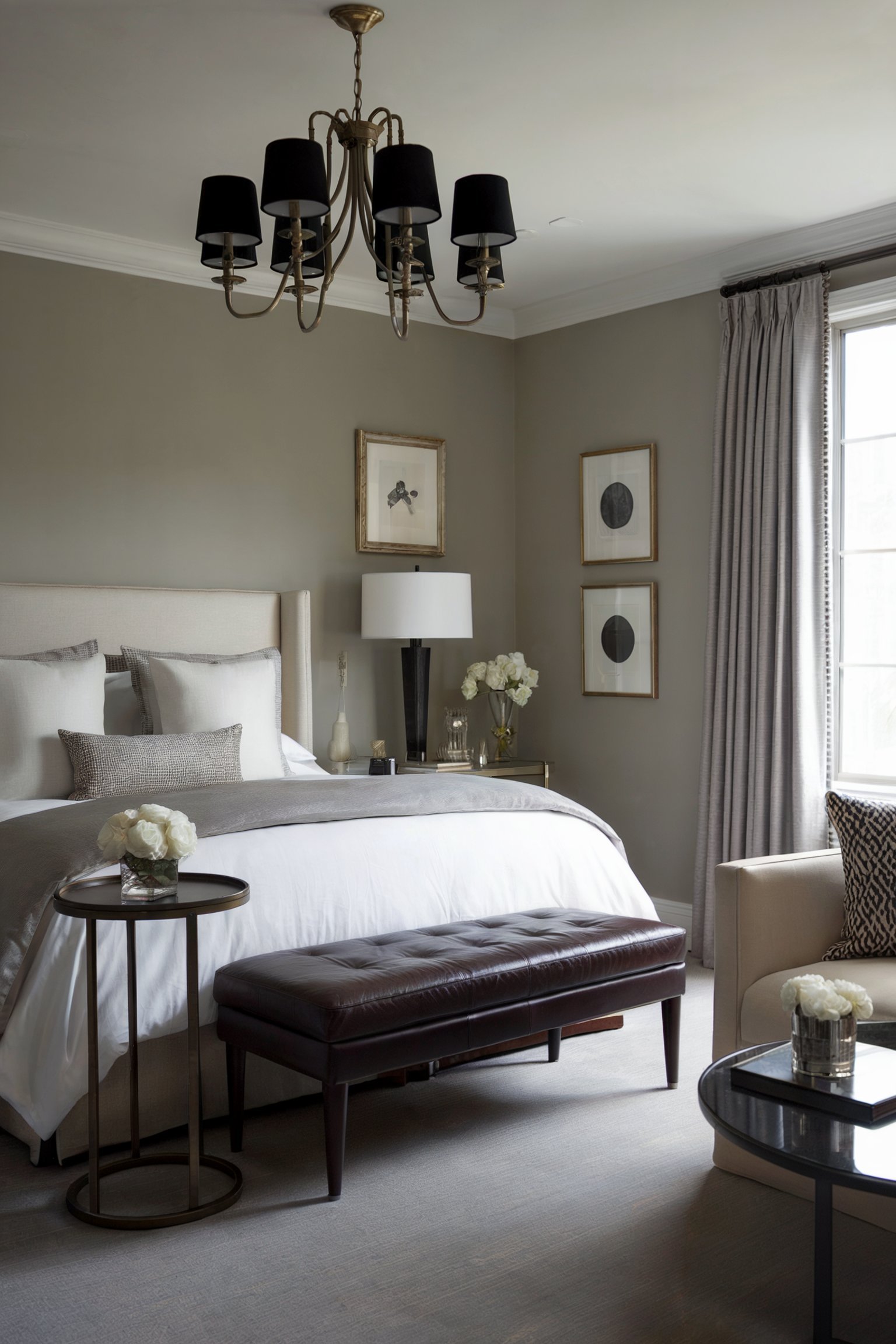 Elegant bedroom in neutral tones, featuring a plush bed, leather bench, and black chandelier for a refined look