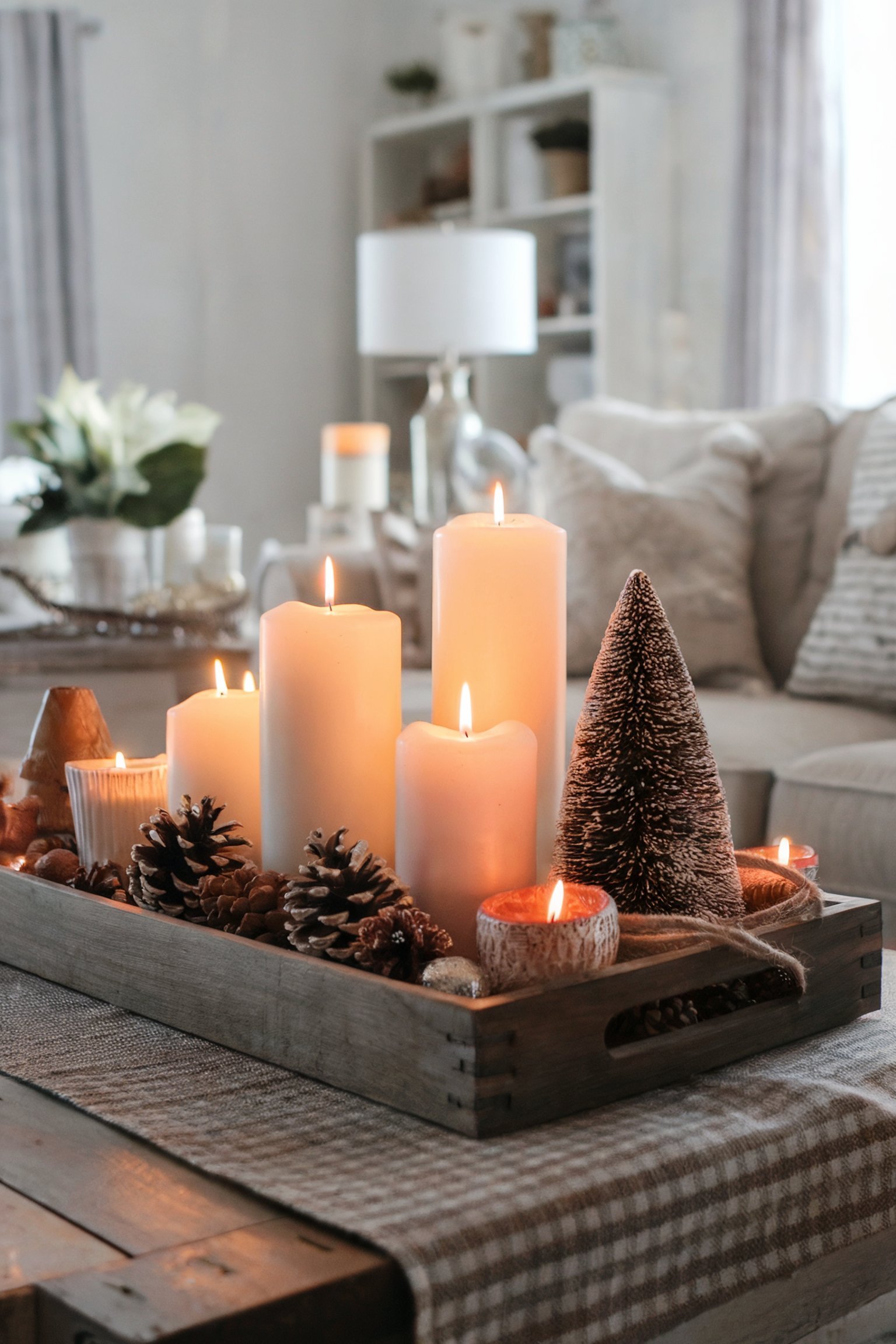 A rustic wooden tray decorated with large white candles, pinecones, and a small frosted tree centerpiece on a coffee table