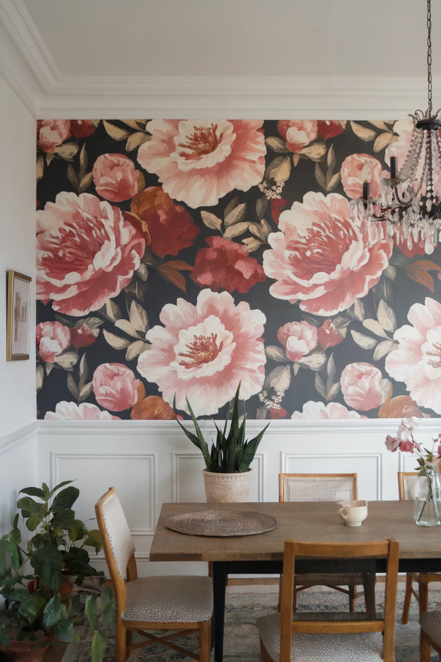 Dining room featuring a bold floral wallpaper with large pink and red blossoms, complemented by wooden furniture and indoor plants