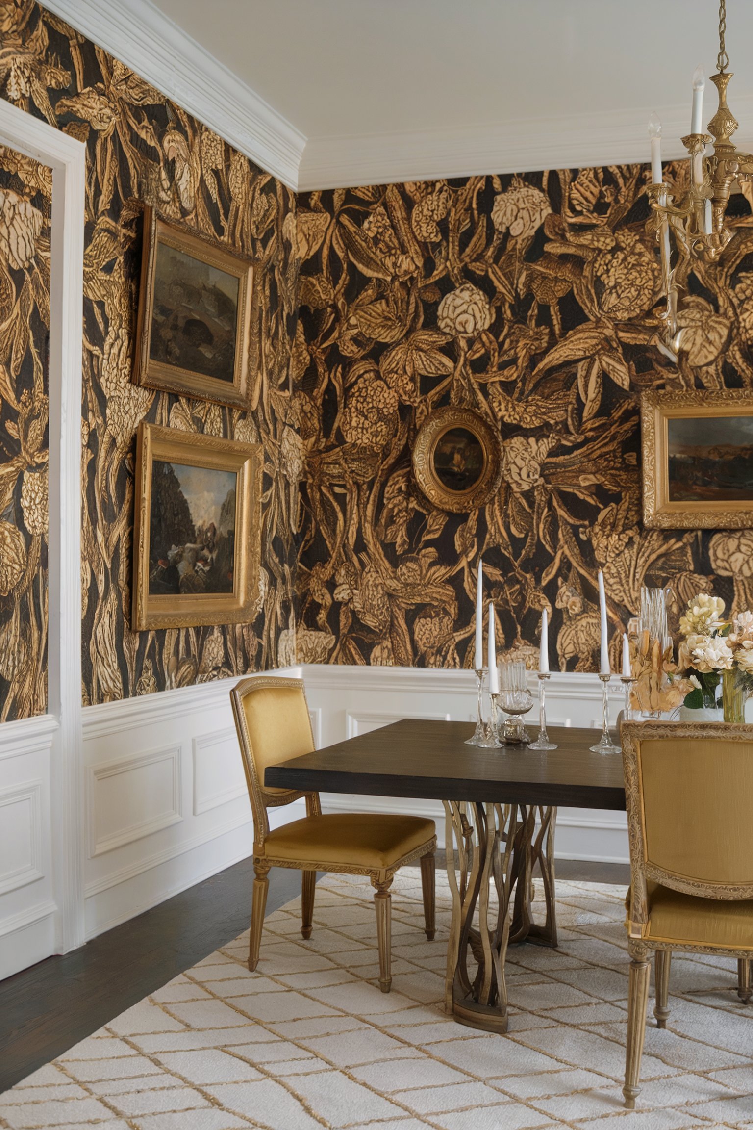 Dining room with gold and black floral wallpaper, vintage artwork, chandelier, and gold chairs around a dark table