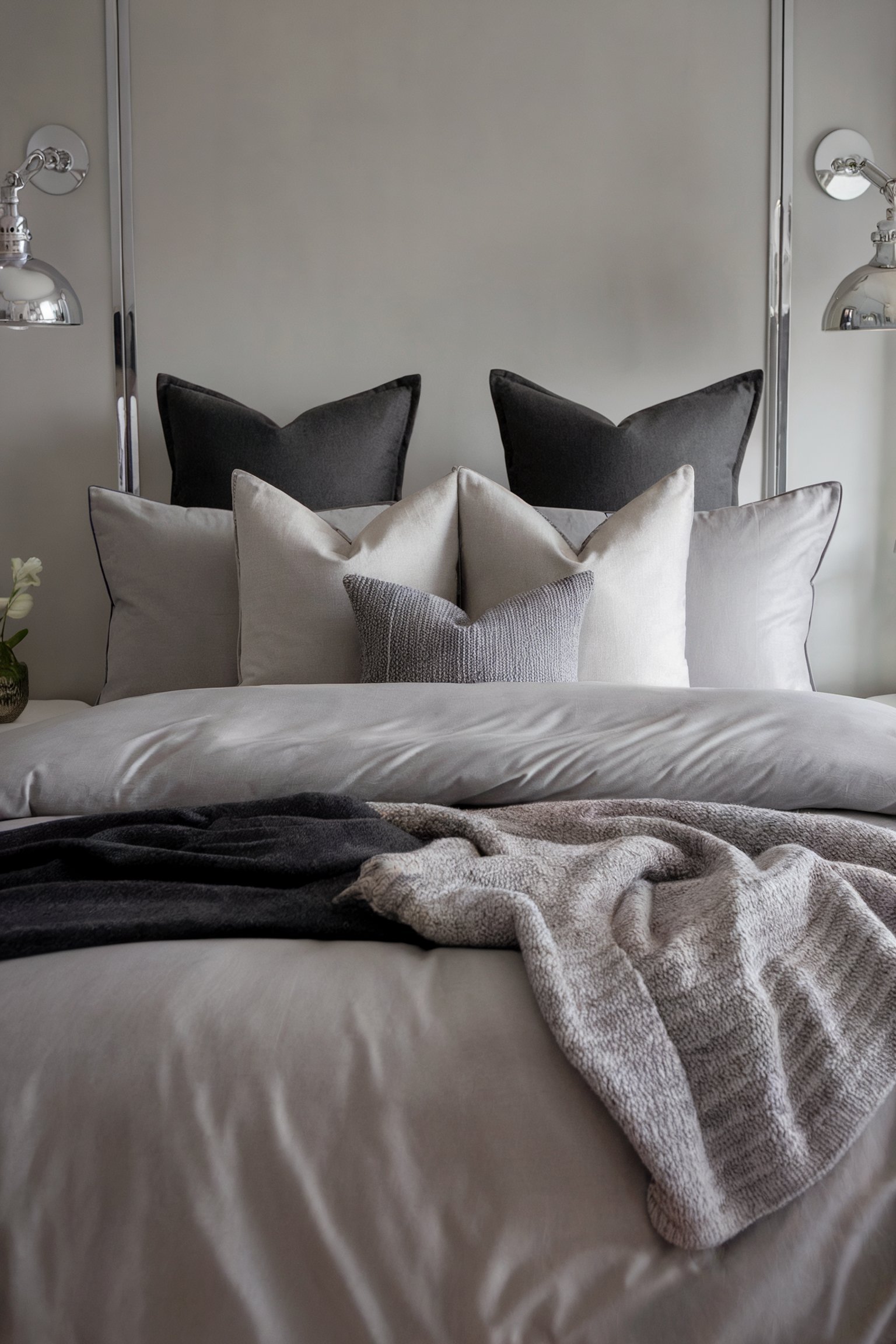Cozy gray-themed bedroom with layered pillows and blankets, featuring a mix of soft gray and charcoal tones