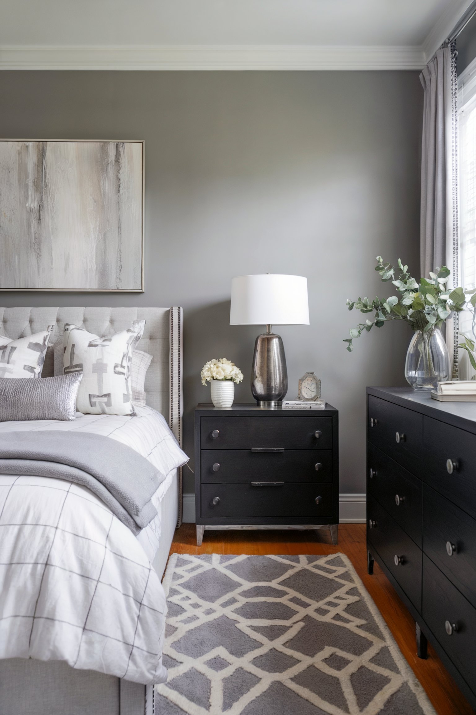 Modern gray bedroom with black furniture and minimalist decor, complemented by a patterned rug and stylish bedside lamp
