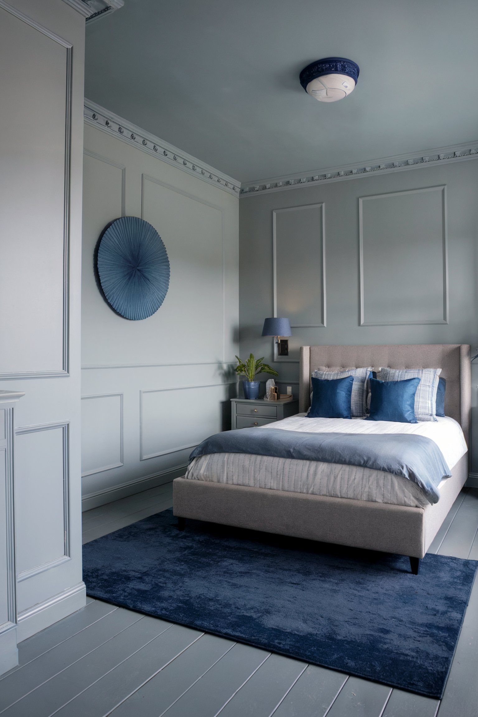 Bedroom with soft blue walls, a cozy bed with blue pillows, and a matching blue rug