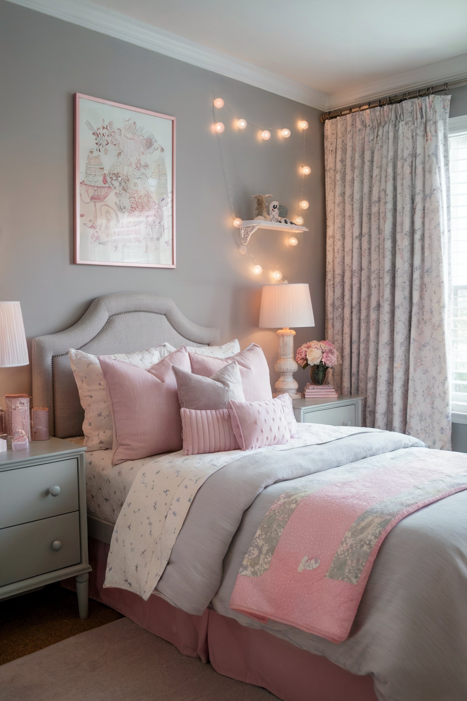 Girls' grey bedroom with soft pink accents, floral bedding, and decorative string lights