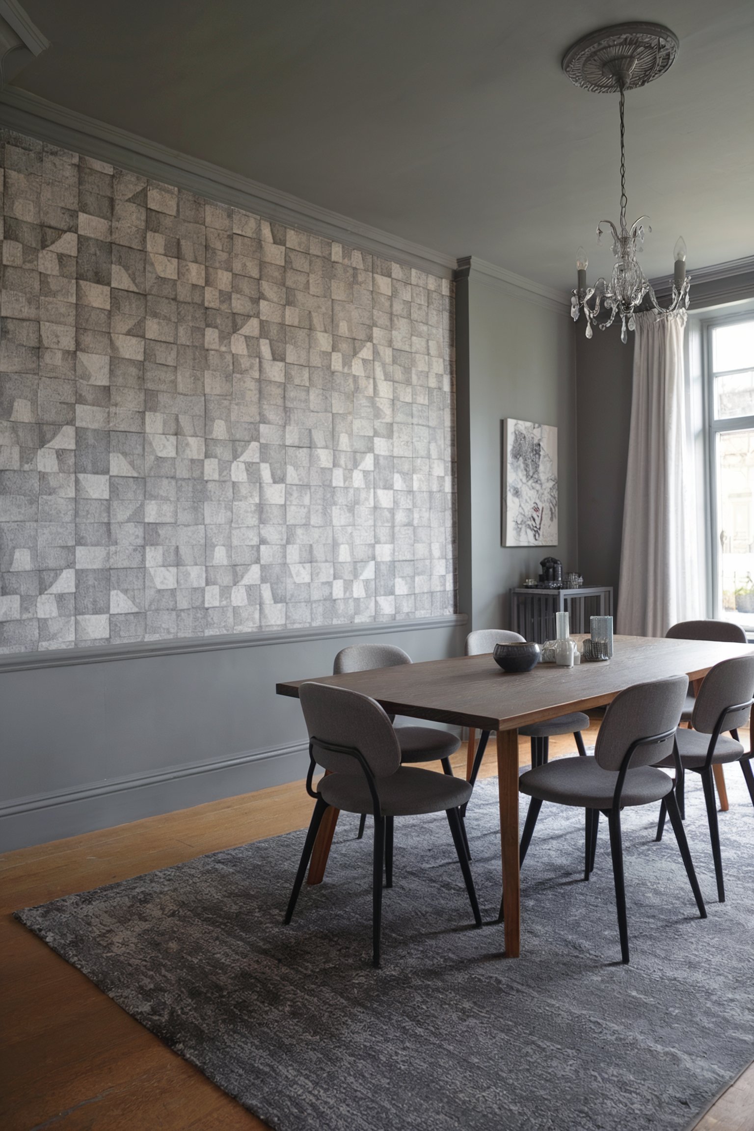 Sleek dining room featuring a geometric-patterned gray accent wall and minimalist furniture