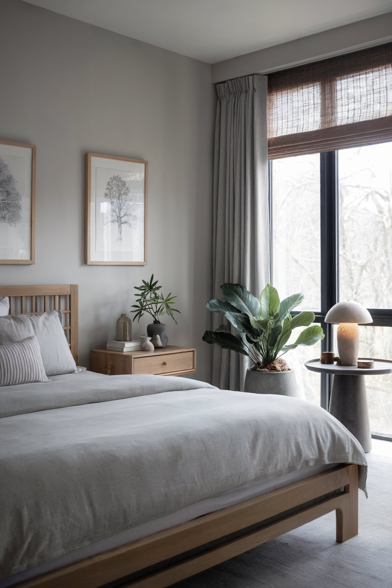 Minimalist Japandi bedroom with a wooden bed, grey bedding, and natural decor, lit by large windows
