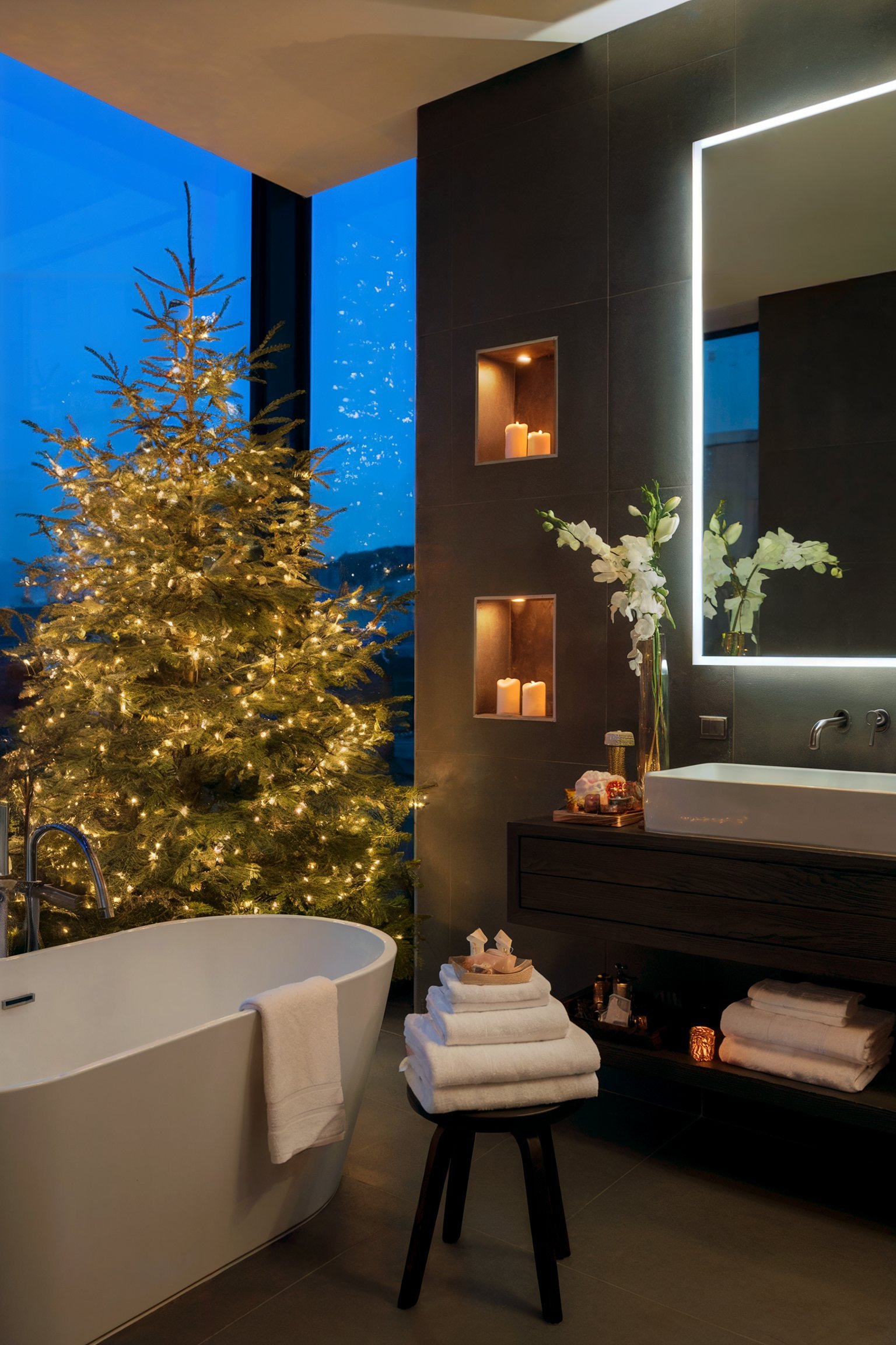 Modern bathroom with a lit Christmas tree, sleek bathtub, and soft towels on a stool, creating a cozy holiday vibe
