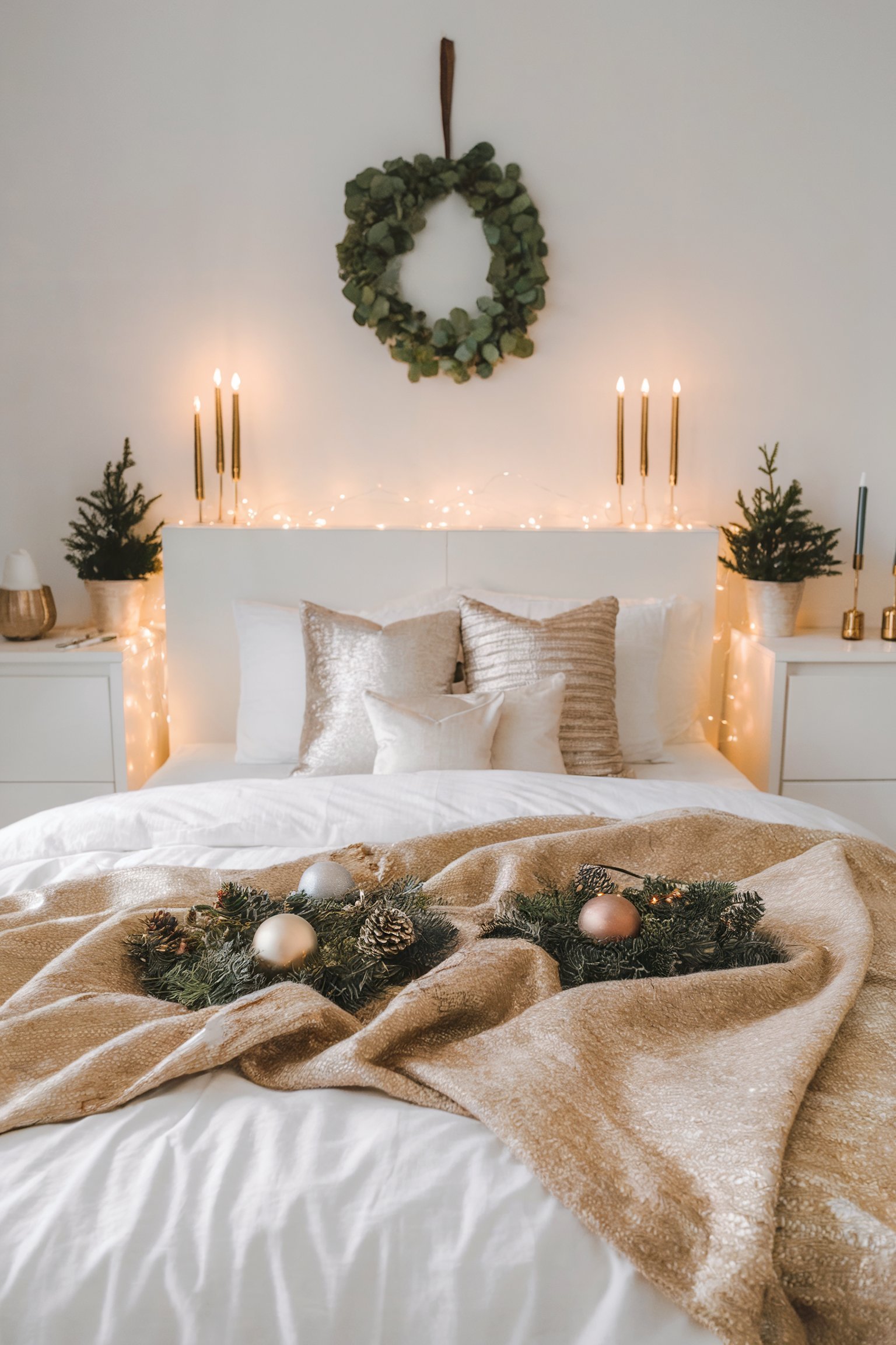 White bedroom with Christmas decor, including a wreath, fairy lights, and ornaments on a soft blanket