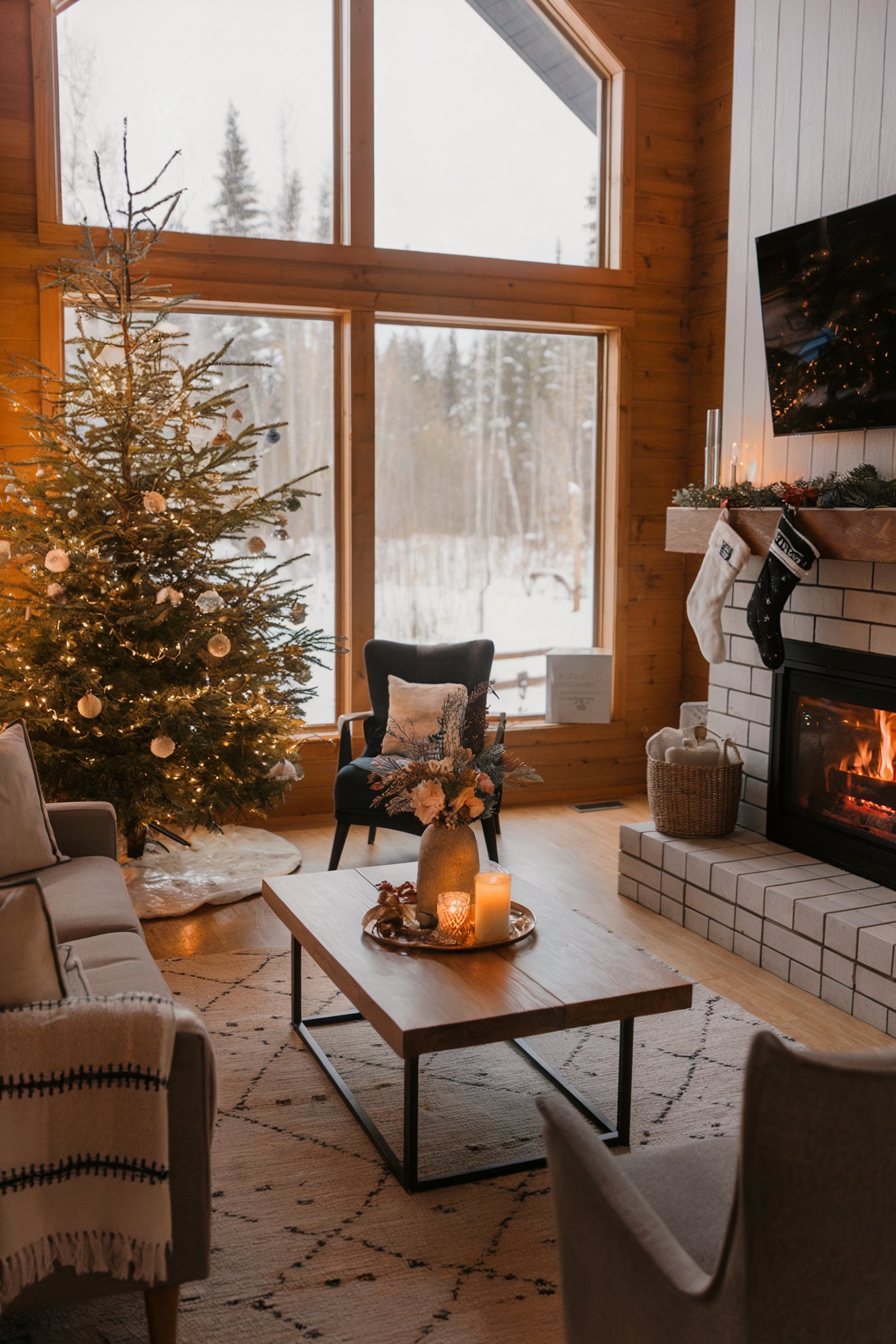Cozy living room with a lit Christmas tree, fireplace with stockings, and a candlelit coffee table