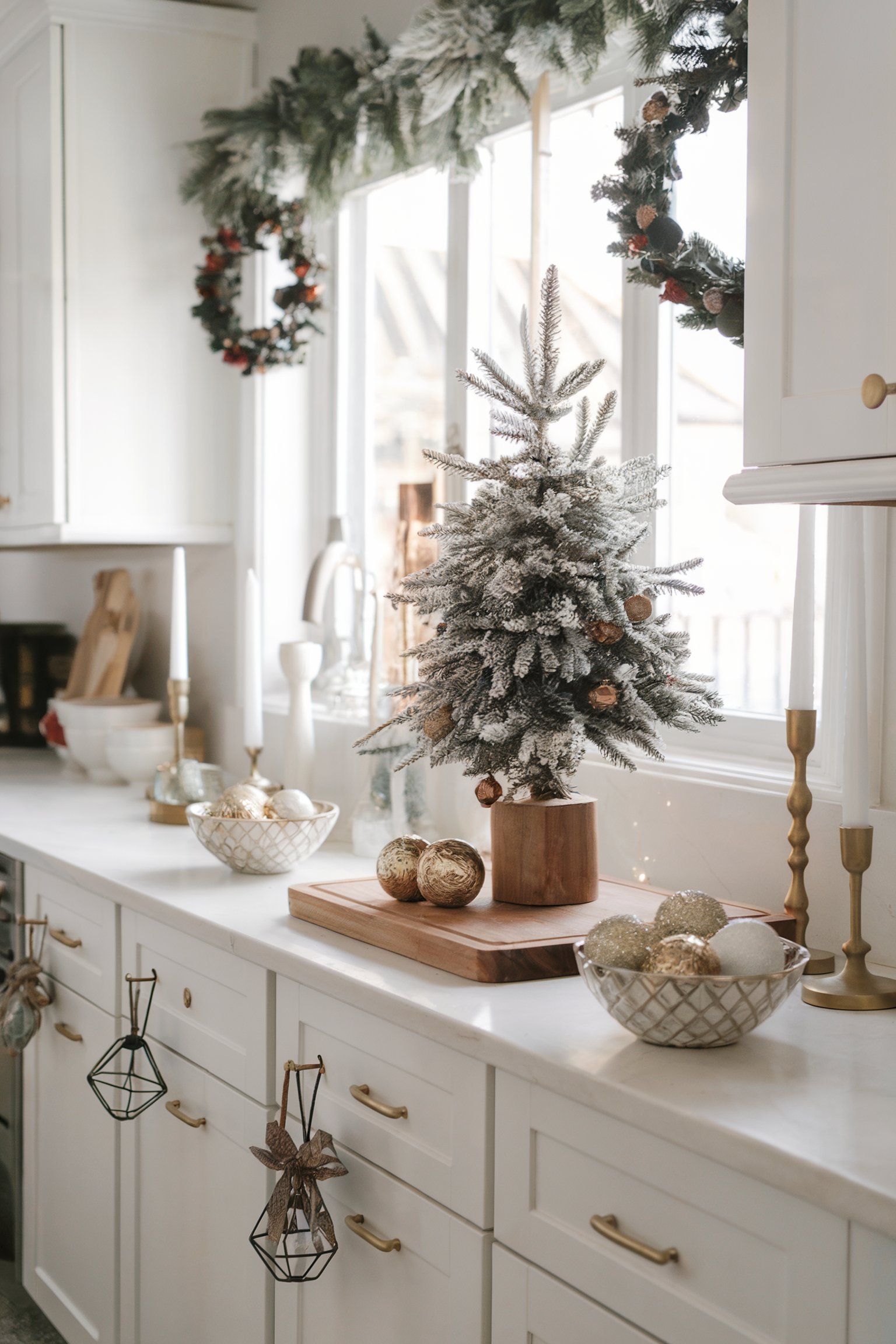 Bright kitchen featuring a small frosted tree, golden ornaments, and festive garland