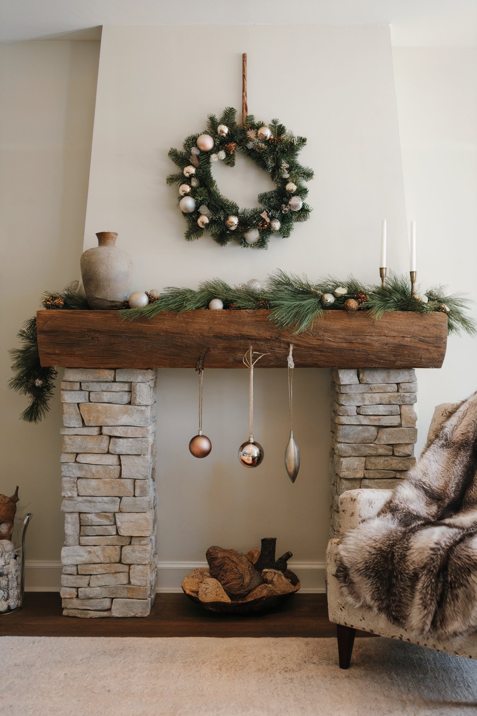 Rustic mantel with a Christmas wreath, pine garland, and hanging ornaments