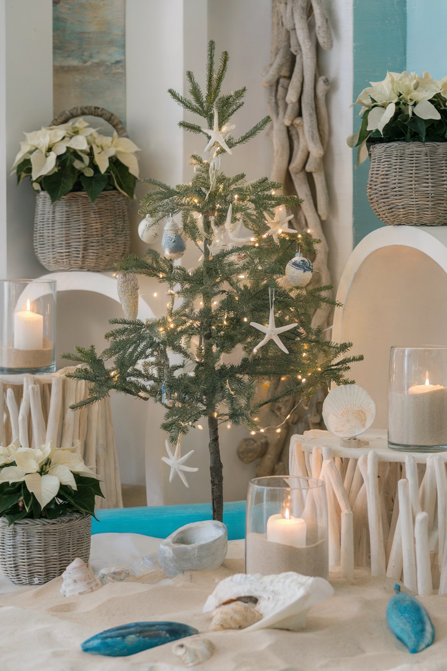 A small Christmas tree adorned with coastal-themed decorations such as starfish, surrounded by candles, seashells, and white poinsettias