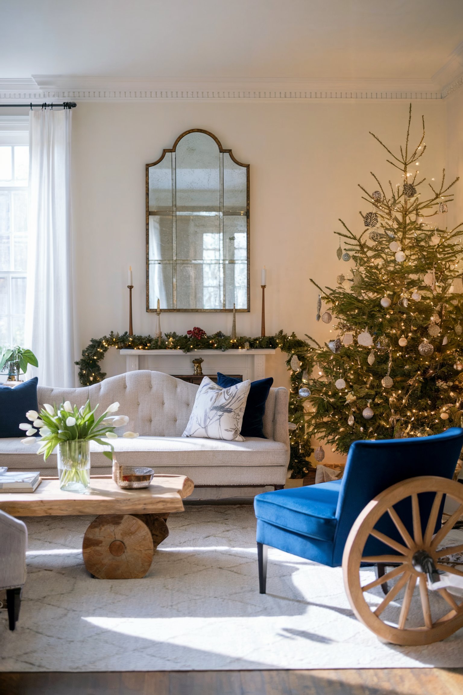Elegant living room decorated for Christmas with a tree adorned with warm lights and ornaments, soft furnishings, and garland on the mantel