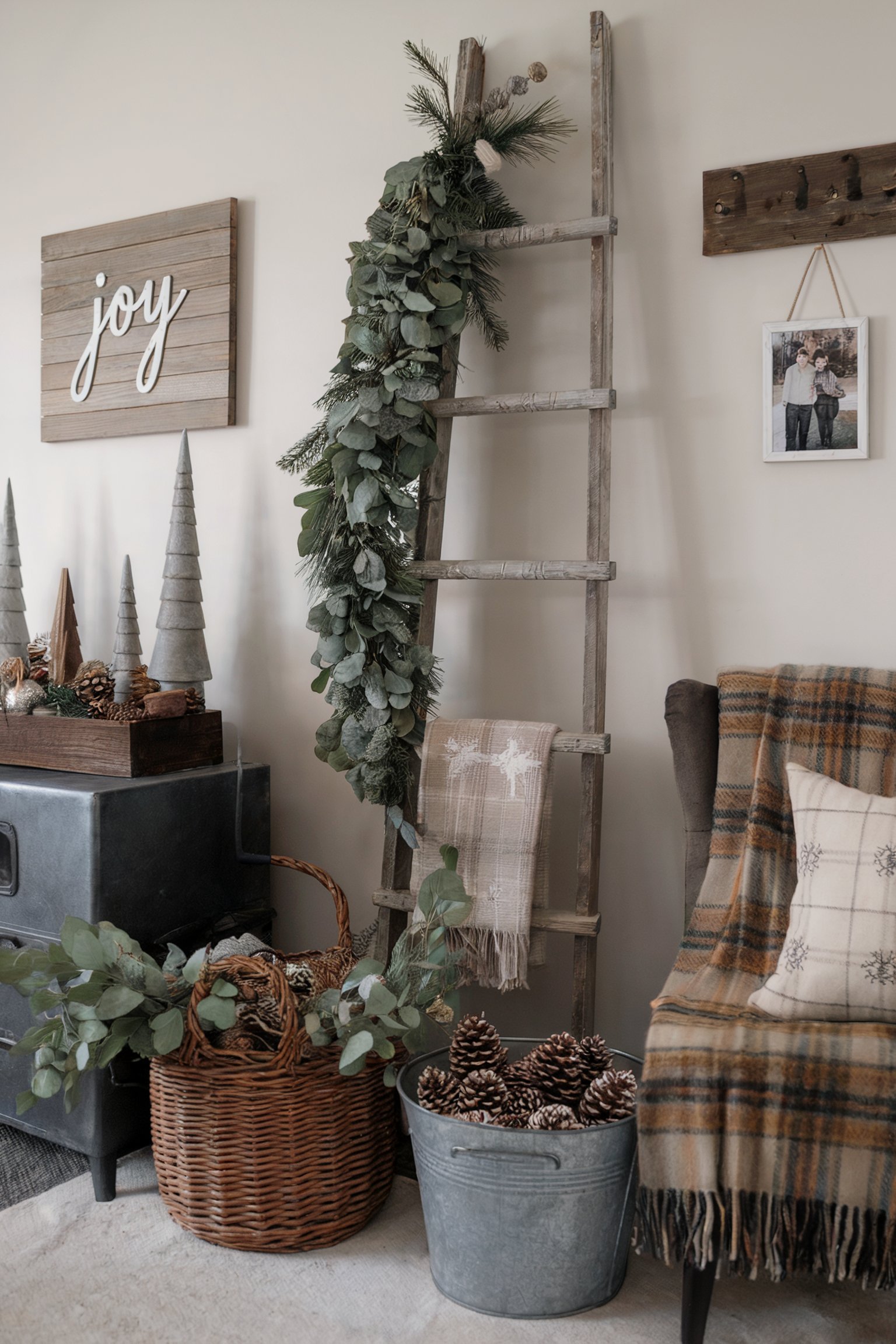 A cozy farmhouse corner featuring a decorative ladder with greenery, a “joy” sign, baskets of pinecones and foliage, and a plaid throw on an armchair