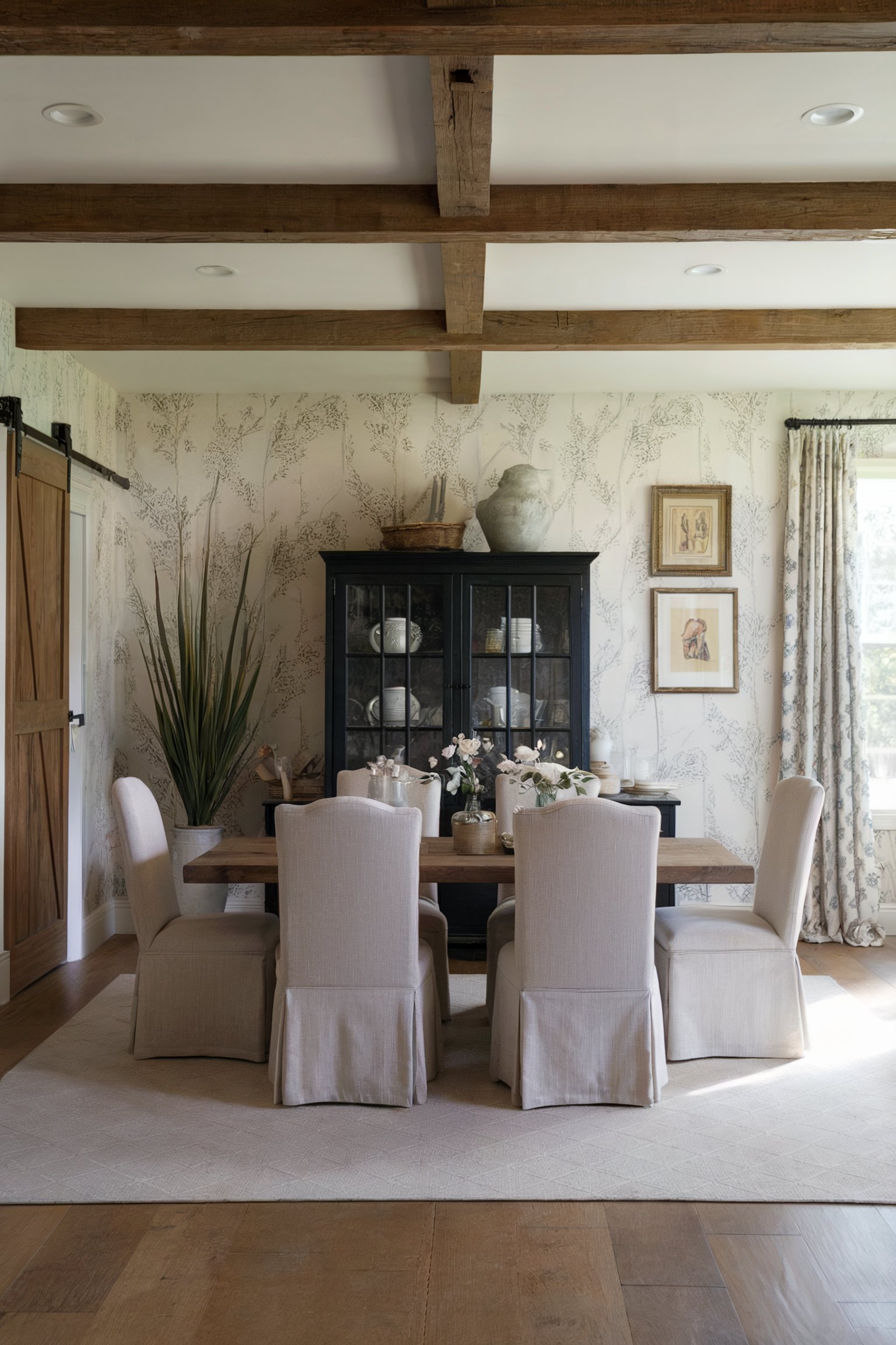 Rustic dining room with exposed beams, a wooden dining table, and neutral decor accents
