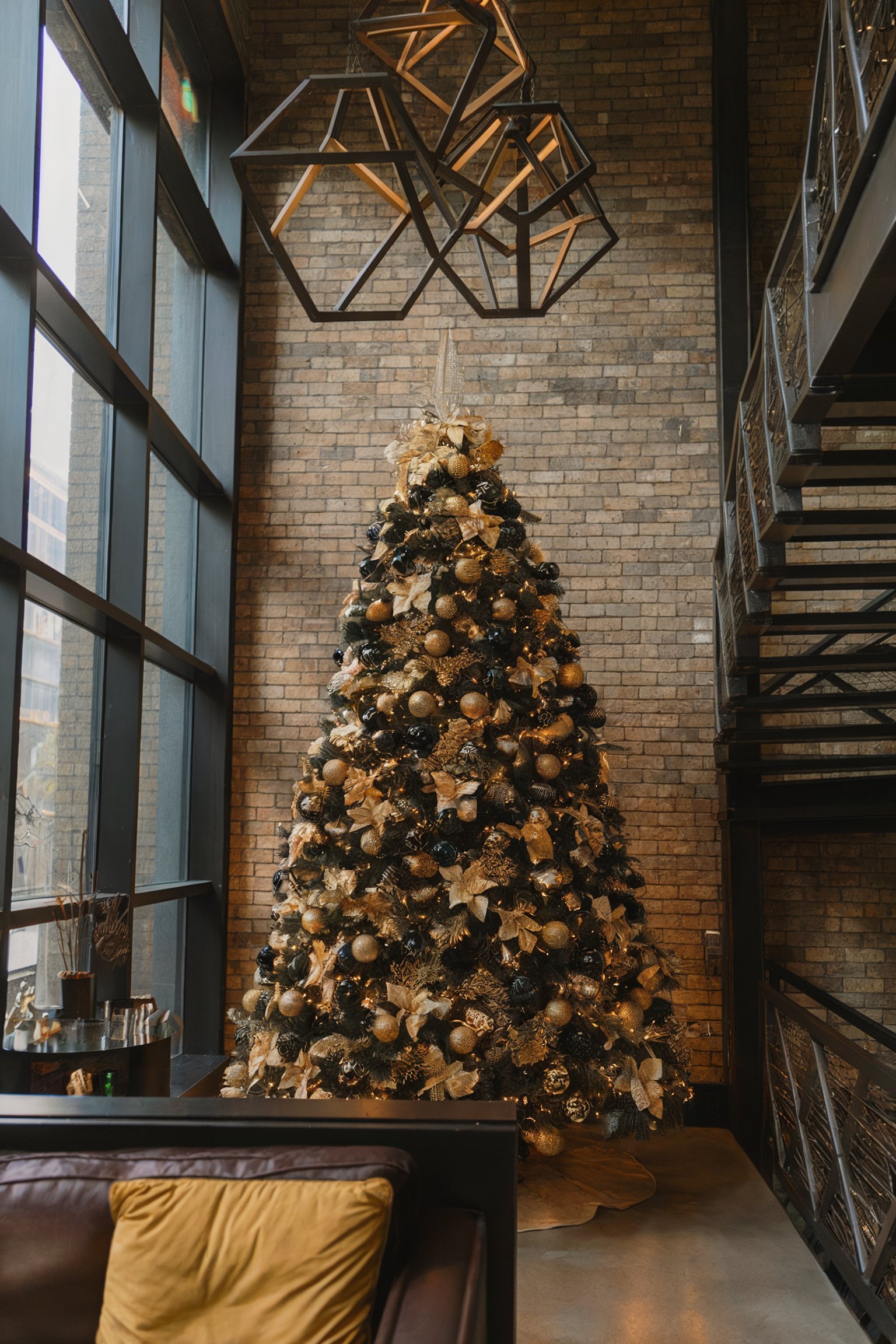 Industrial-style room with a large Christmas tree decked in gold and black ornaments, highlighted by modern geometric lighting