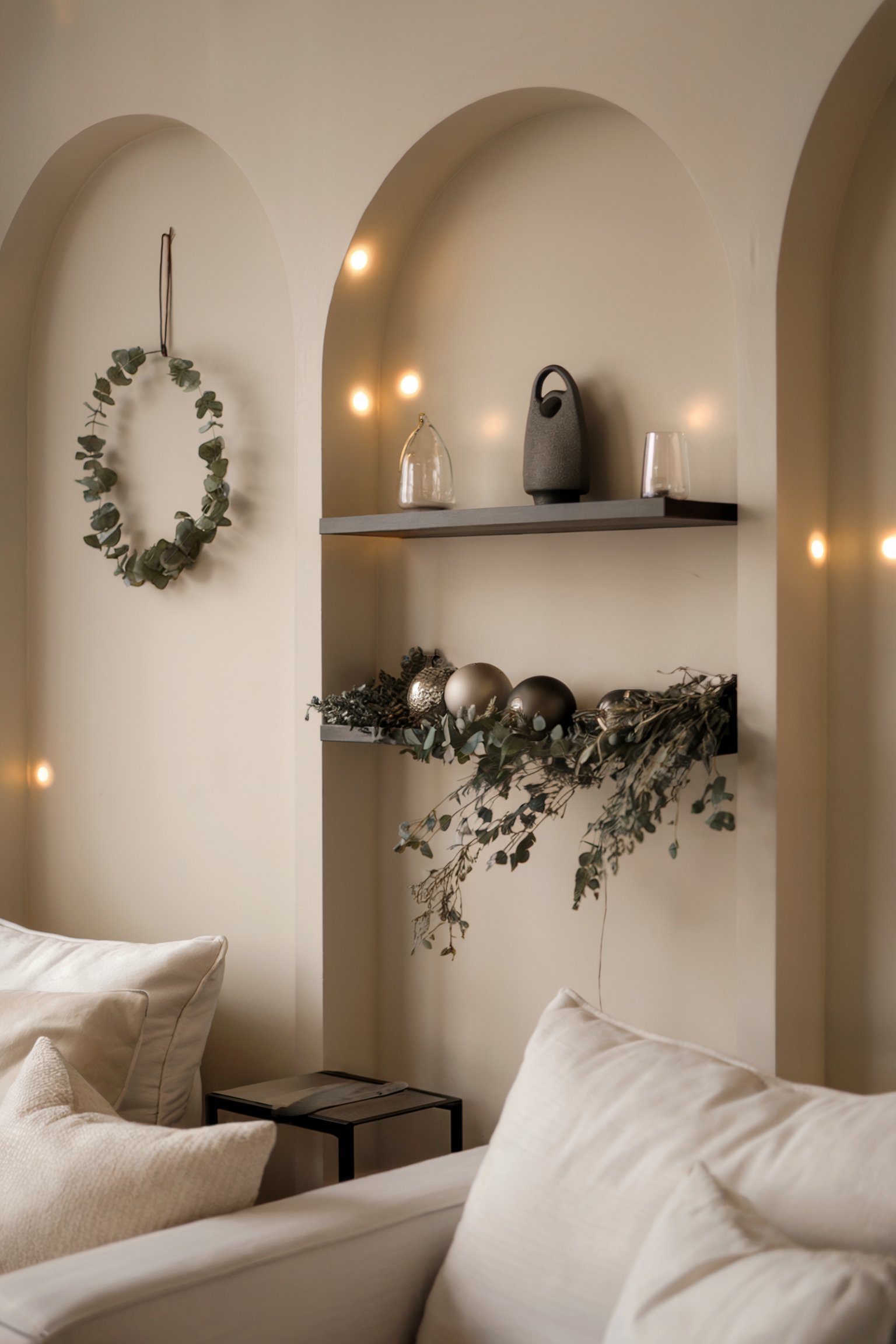 Minimalist holiday decor with eucalyptus wreaths, simple greenery, and ornaments on sleek shelving, framed by soft lighting and neutral-toned walls