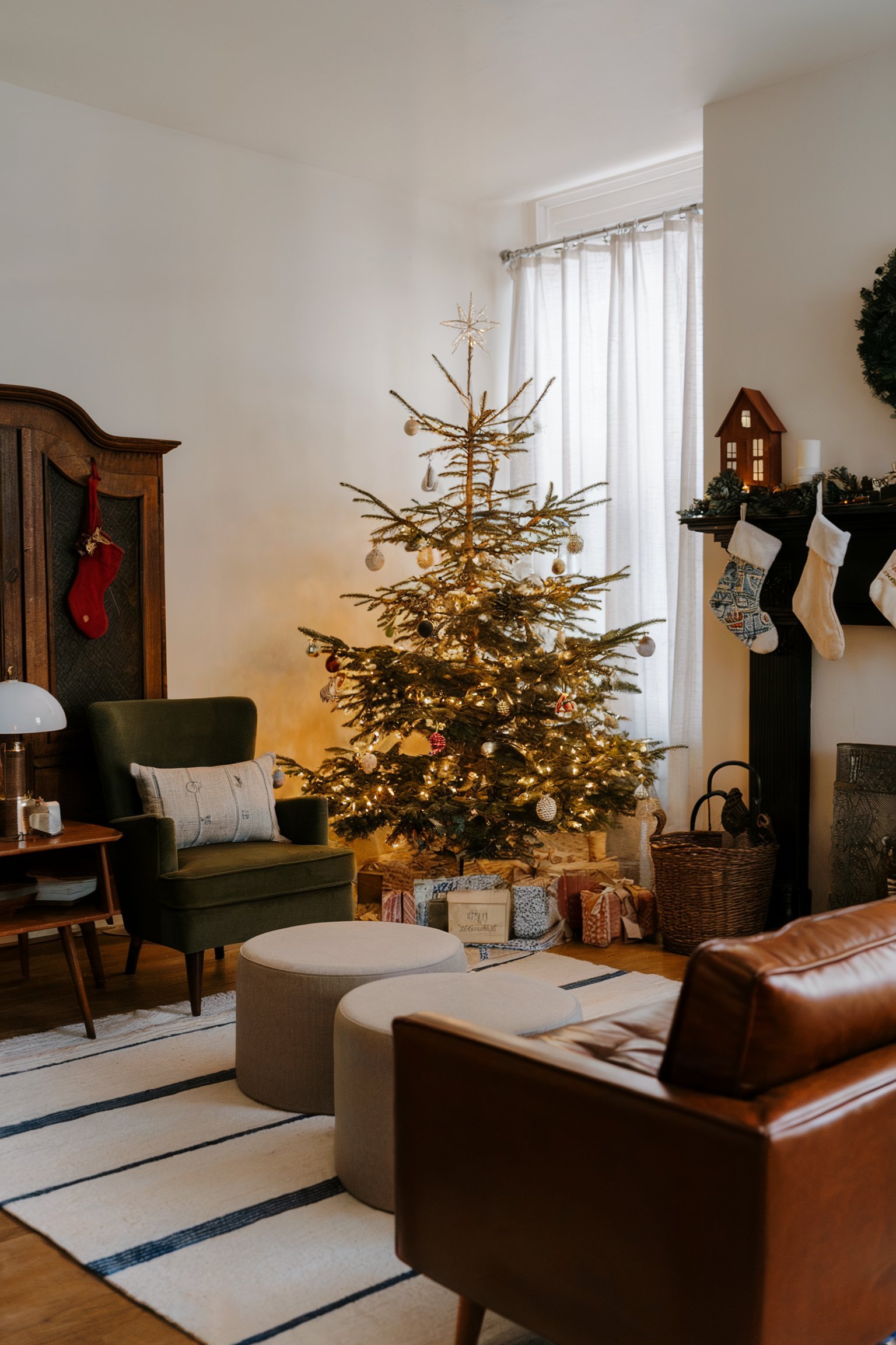 Cozy Christmas living room featuring a simple tree with string lights and ornaments, stockings on the mantel, and warm, inviting seating