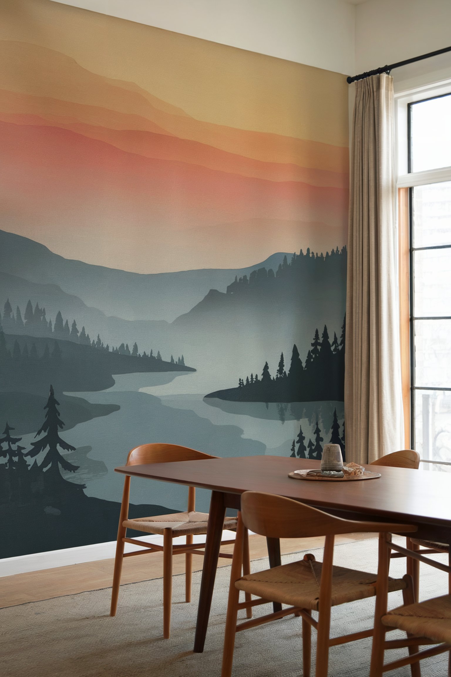 Modern dining room with a serene mountain landscape mural in warm shades of orange and blue, paired with simple wooden chairs and a table