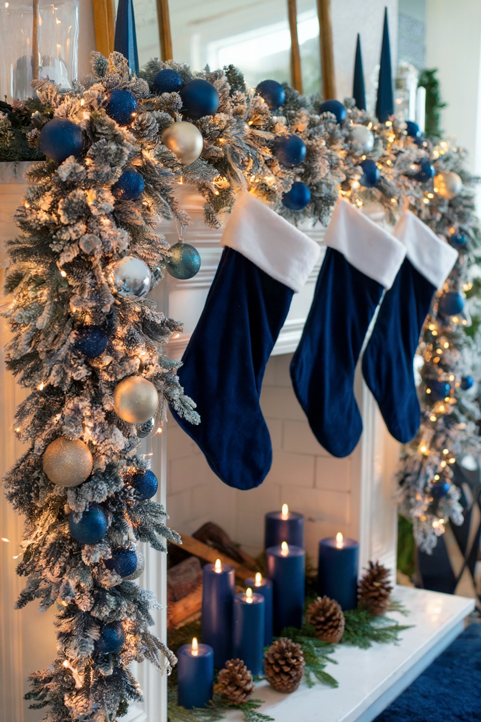 A Christmas fireplace decorated with a frosted garland filled with blue and silver ornaments and pine cones