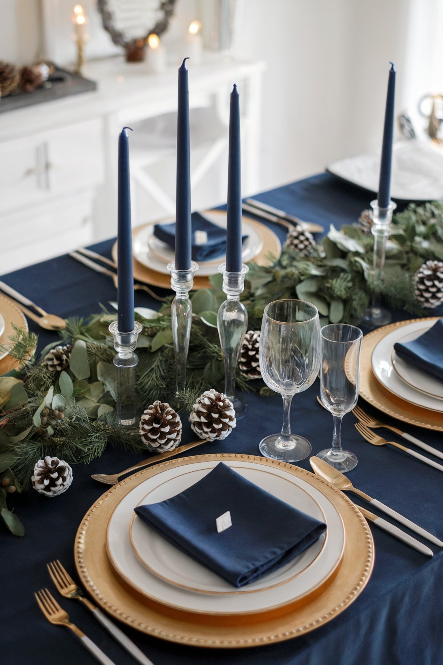 Elegant holiday table decorated with navy blue candles, pinecones, and eucalyptus greenery, accented by gold chargers and plates