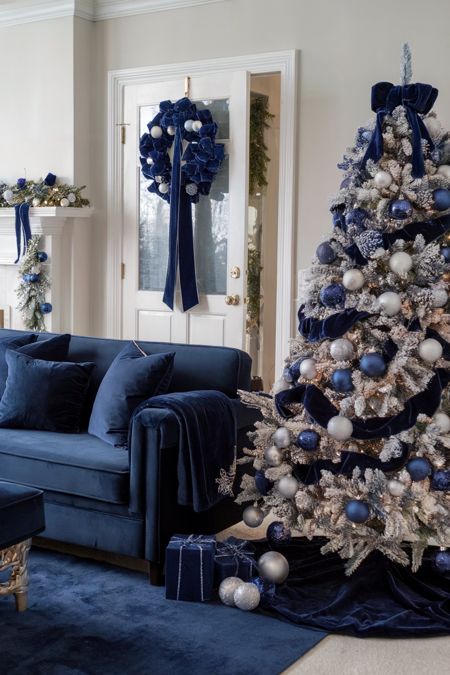 Sophisticated Christmas setup with a navy blue couch, velvet-wrapped tree adorned in blue and silver, and matching wreath and decor accents