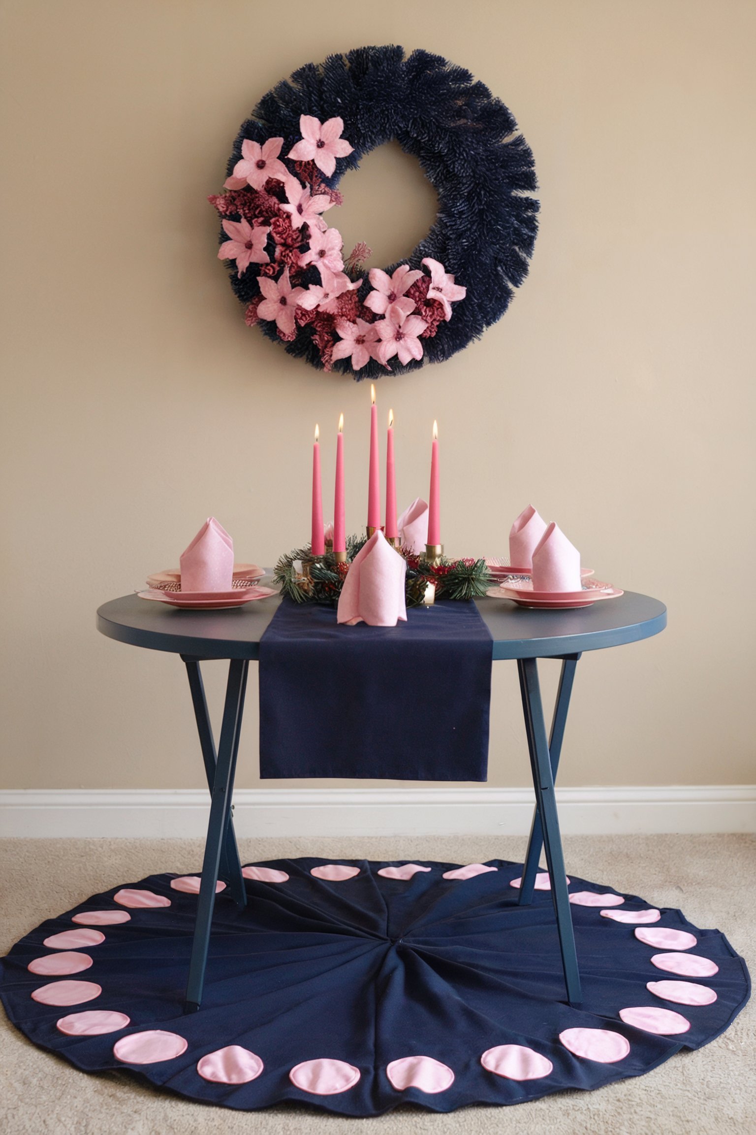 A cozy holiday table setting featuring pink napkins and candles, accented by a navy blue table runner and a pink floral wreath on the wall