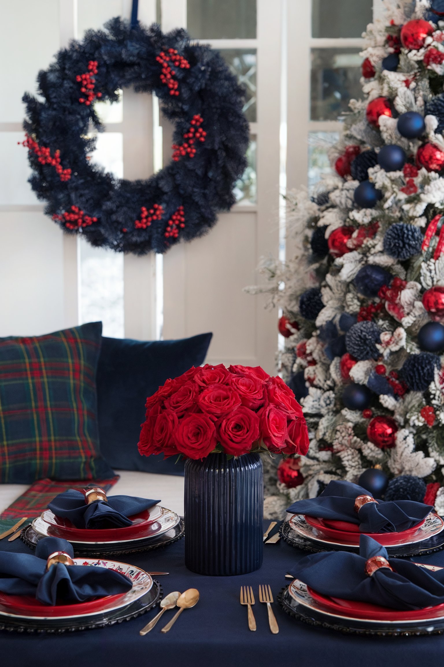 A festive table arrangement with red roses in a navy blue vase, navy blue napkins, and red plates. Behind, a Christmas tree decorated in red and navy blue and a wreath