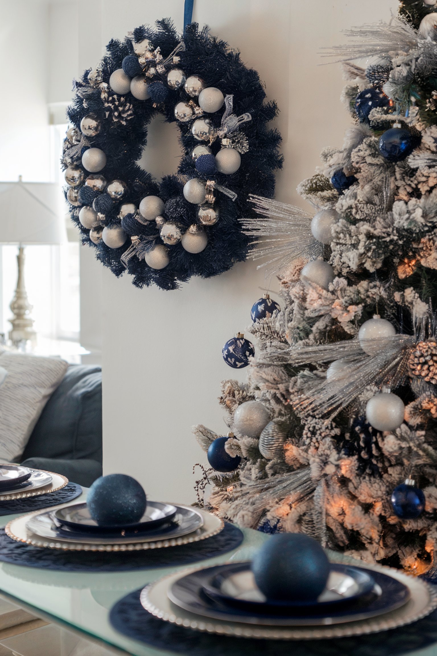 A holiday scene with a wreath adorned in navy blue and silver ornaments, paired with a Christmas tree decorated in matching colors