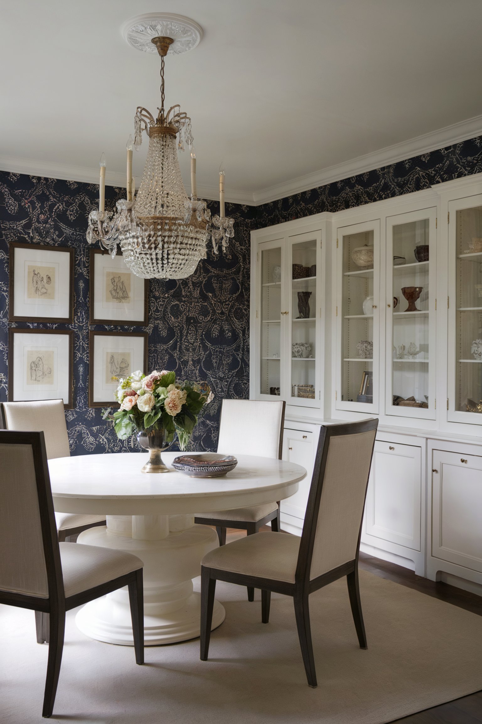 Elegant room with navy wallpaper, crystal chandelier, round white table, and framed art