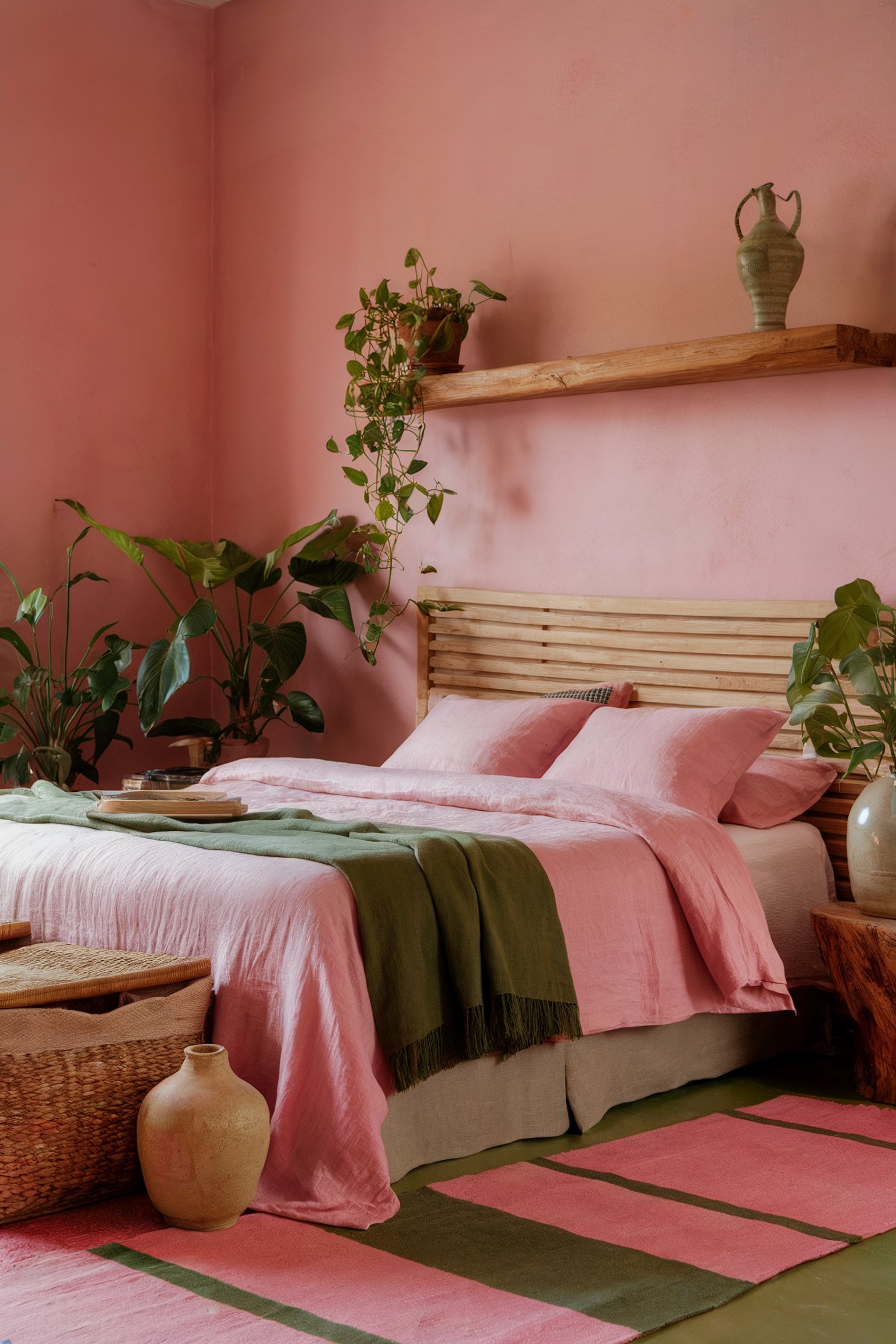 Vibrant bedroom with pink walls and linens, green accents, and natural wood elements, adorned with plants for an earthy feel