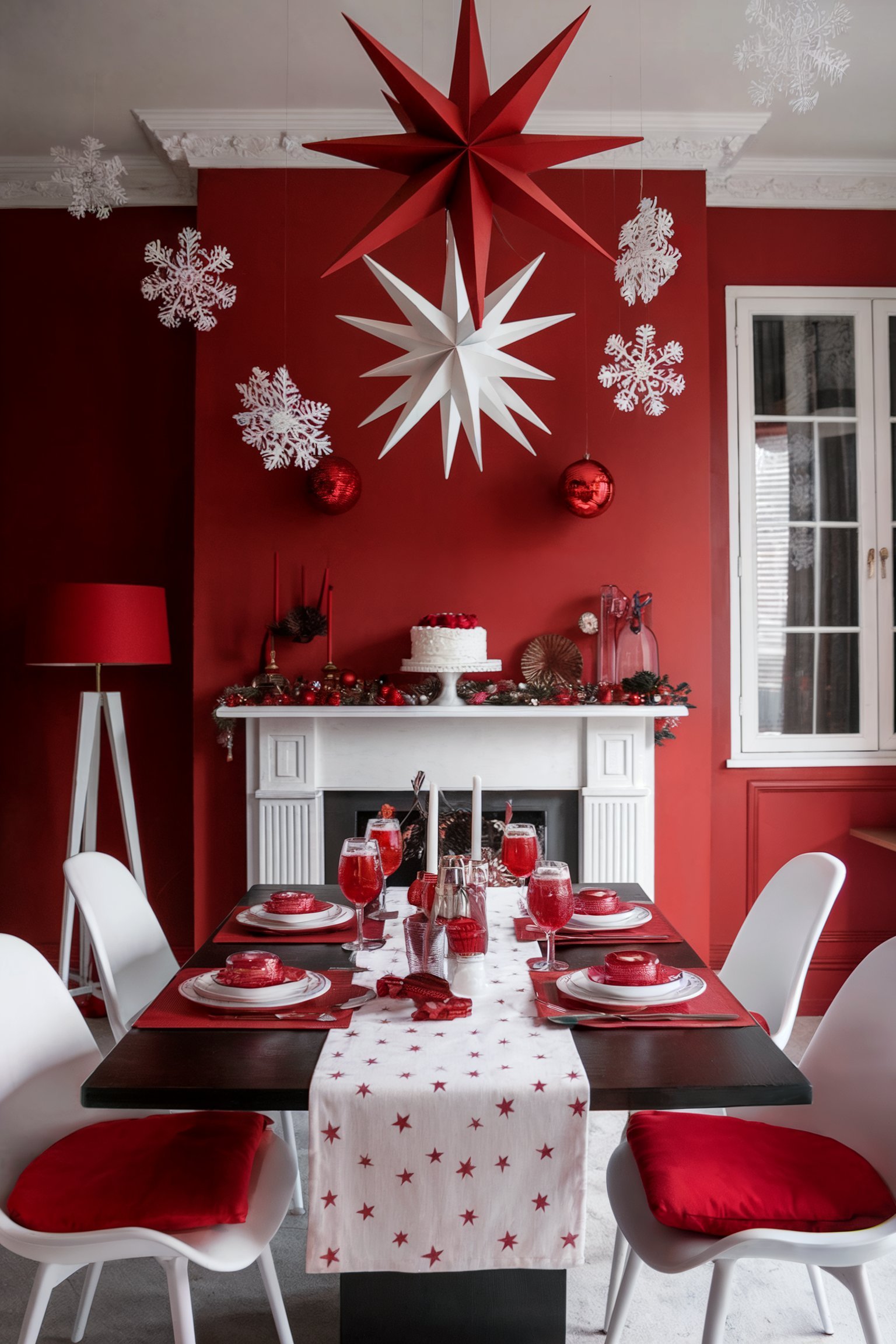 Red dining room with hanging stars, red table settings, and a decorated mantel for Christmas