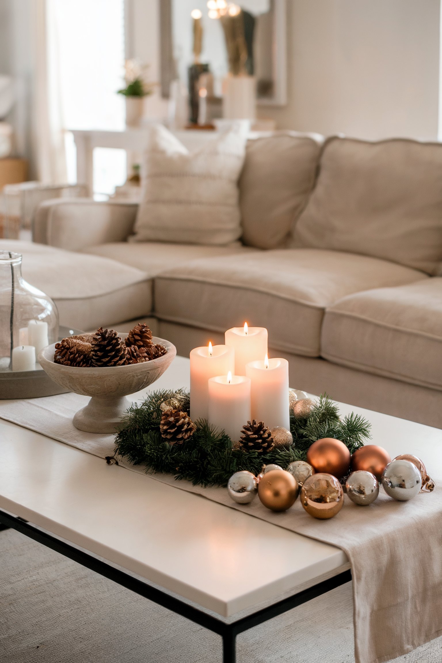 A simple coffee table display featuring white pillar candles, pinecones, and ornaments on a bed of greenery for a minimalist holiday look