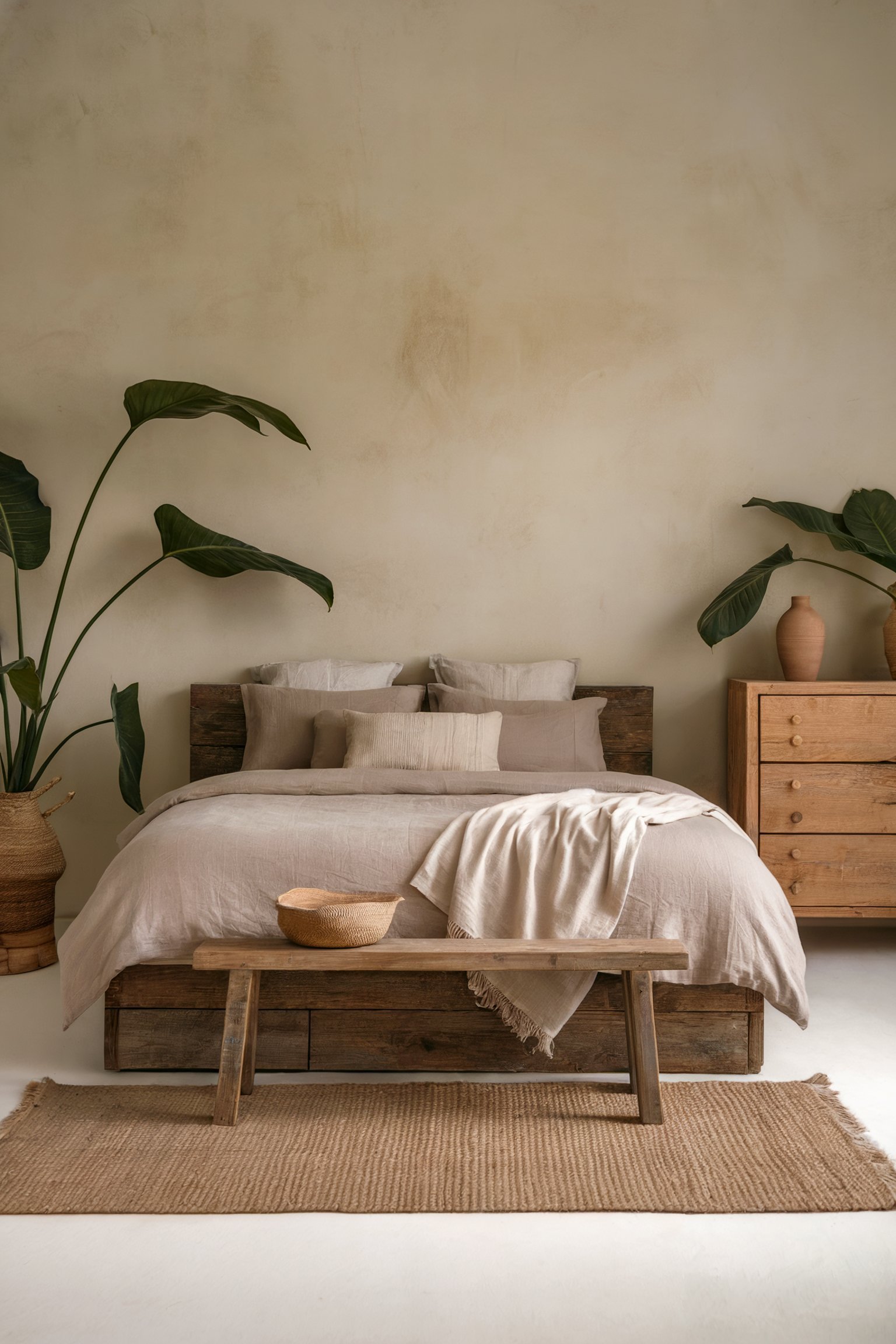 Calm bedroom with light-toned linens, wooden bench, and large leafy plants, all set against smooth, natural walls for a serene look