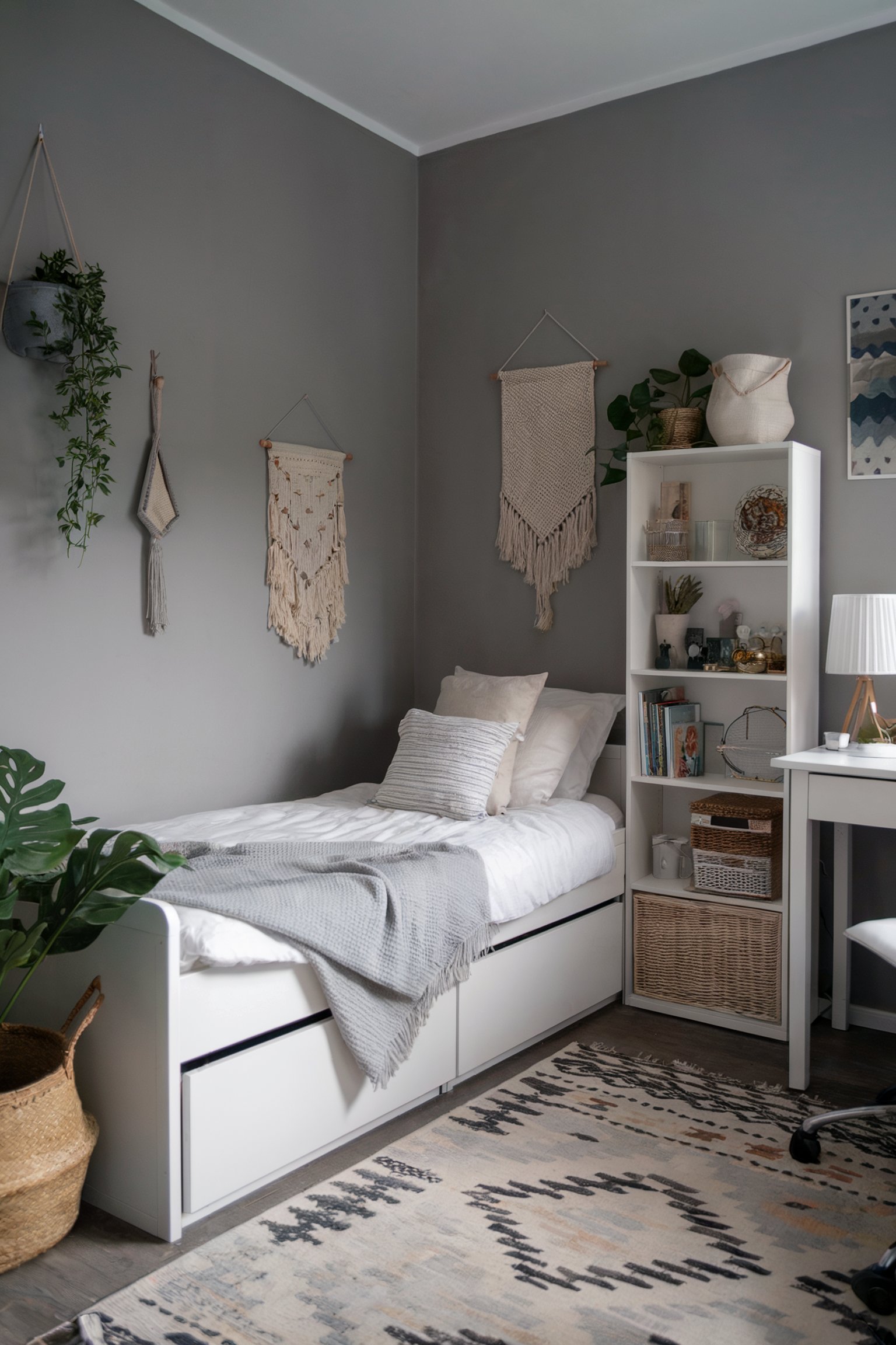 Small bedroom with grey walls, boho decor, and a minimalist white bed with storage