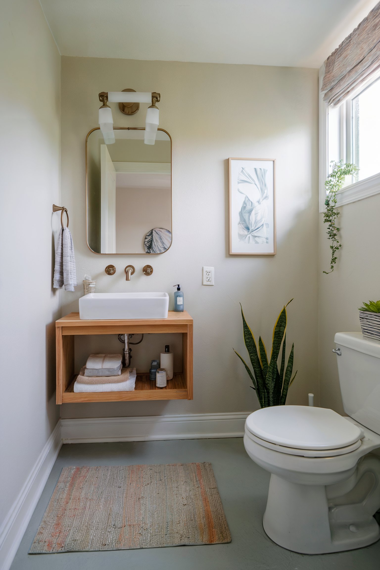 A light, minimalist bathroom with a wall-mounted wooden vanity, rectangular mirror, potted plants, and neutral decor