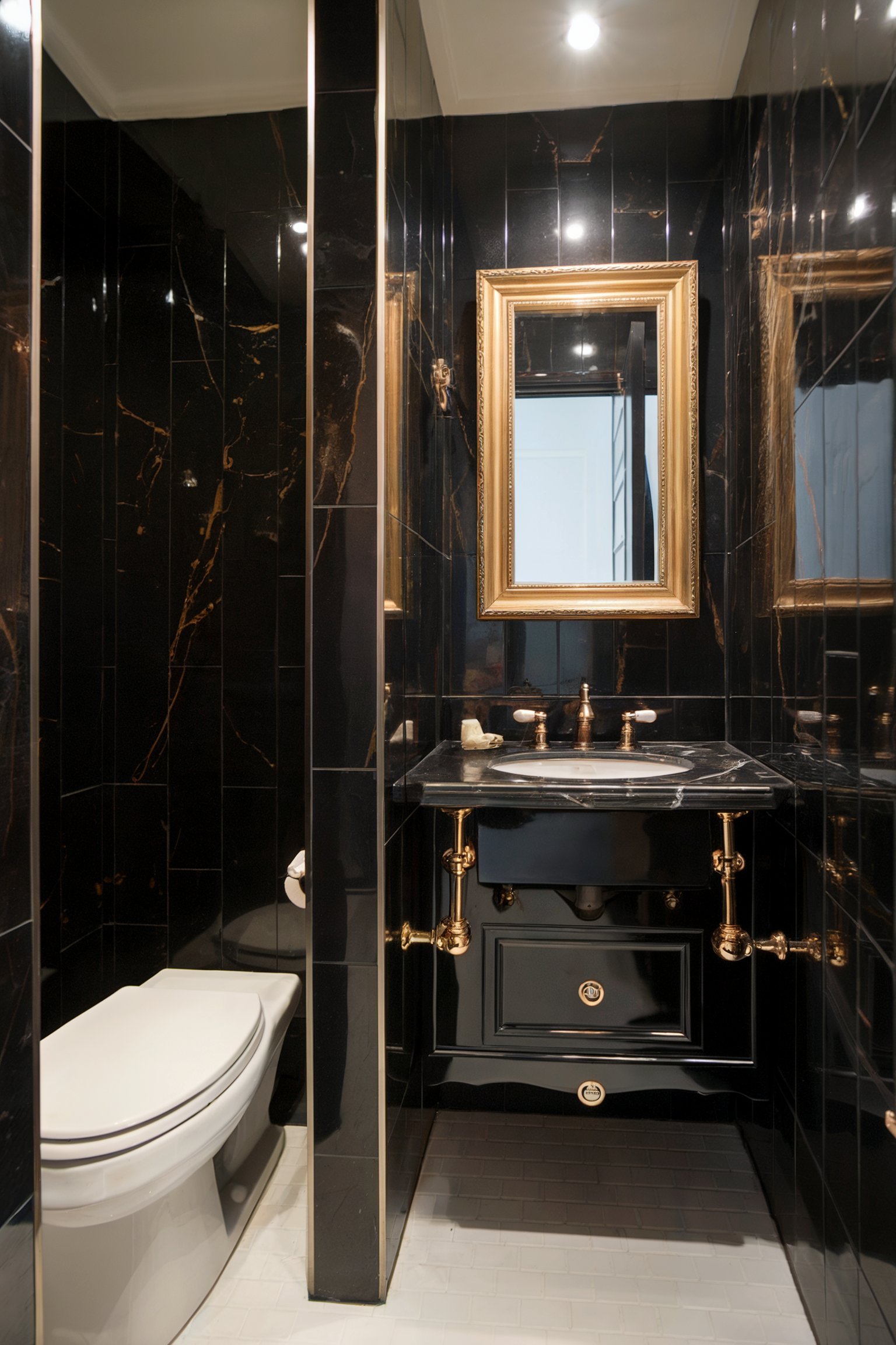 A luxurious black bathroom with marble walls, gold-framed mirror, gold accents, and a dark vanity