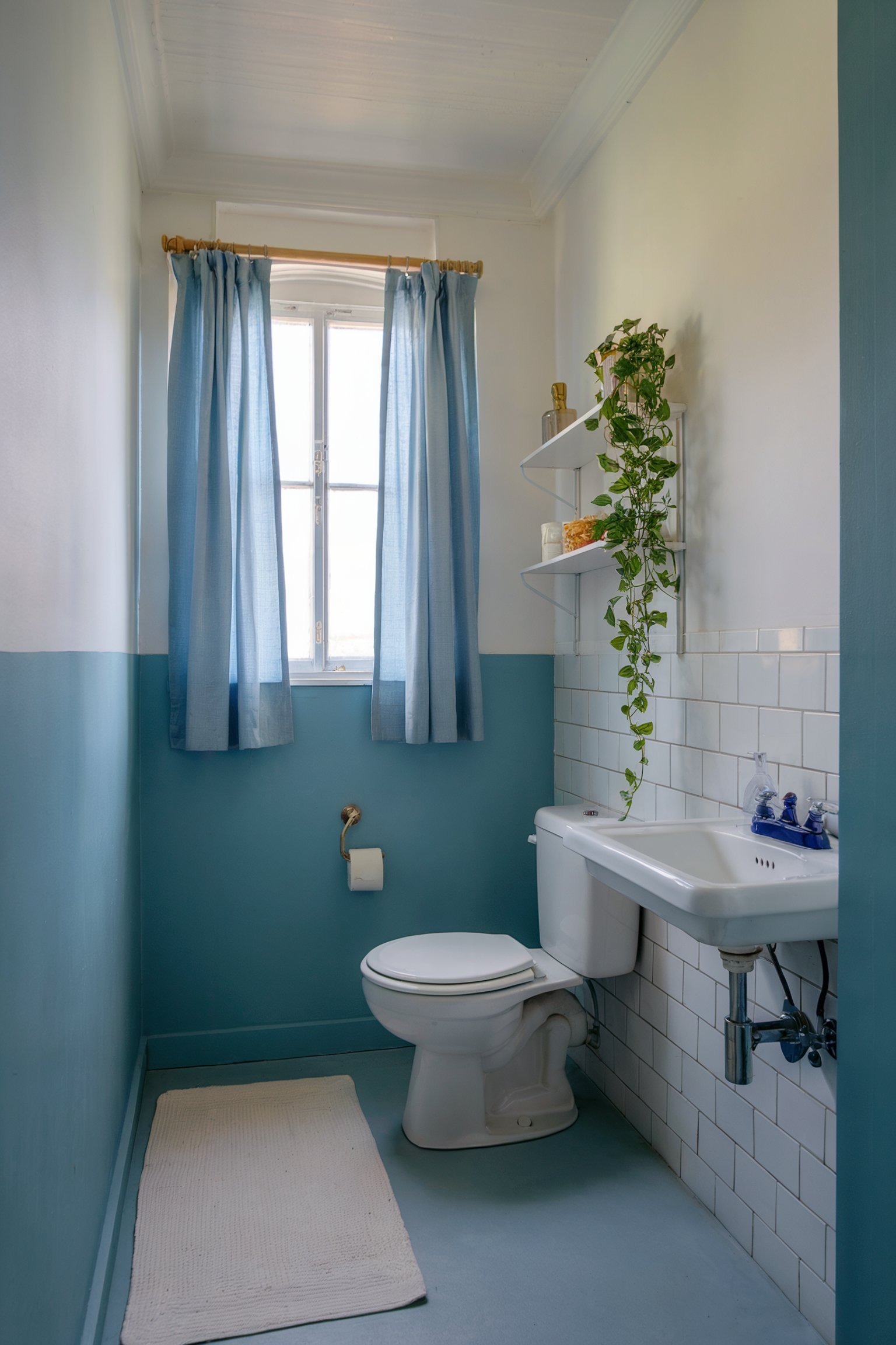 A narrow bathroom with blue and white walls, simple sink, white tile backsplash, and a window with blue curtains