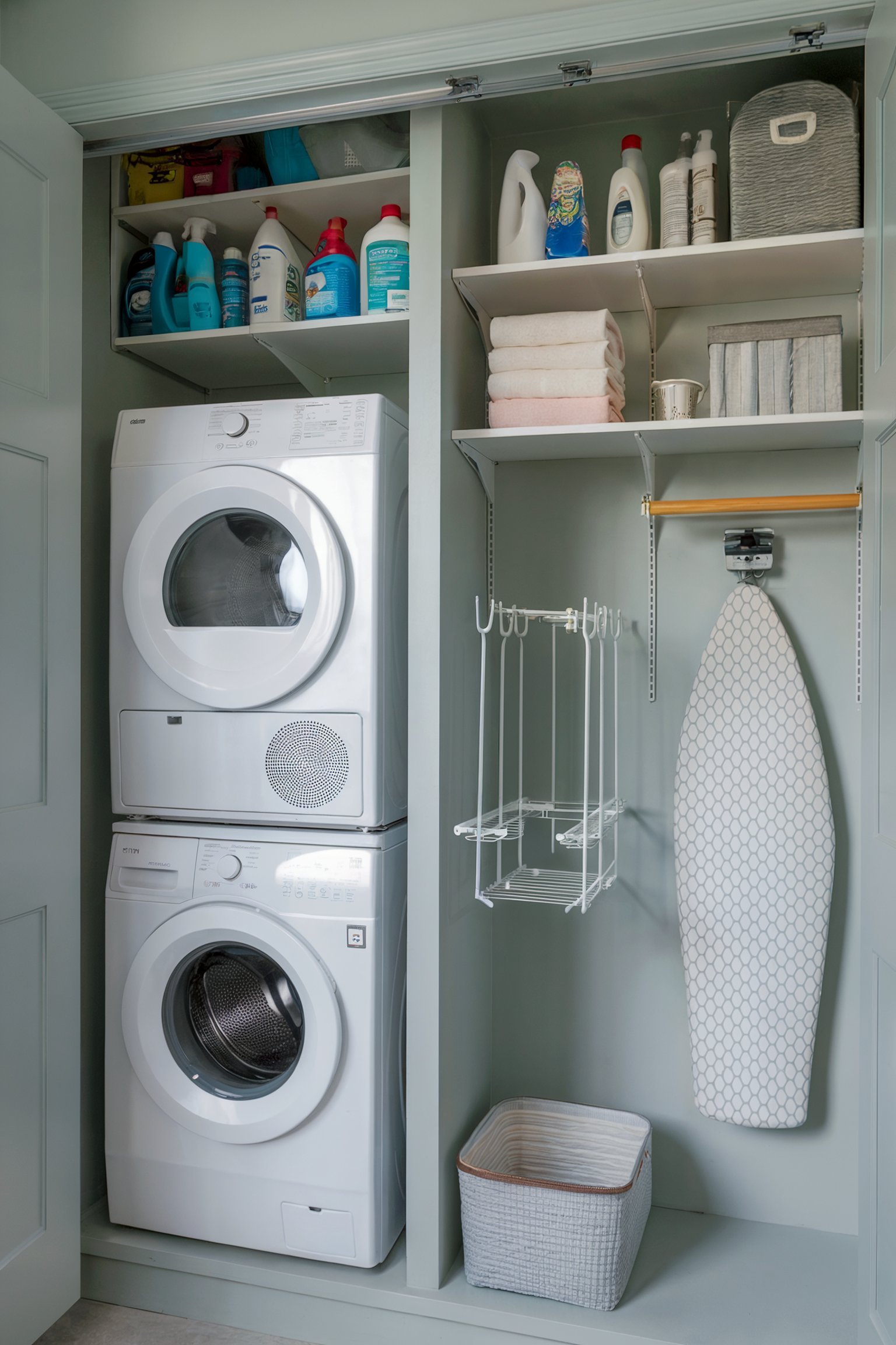 Small laundry nook with a stacked washer/dryer, built-in shelving holding laundry supplies, towels, and an ironing board stored vertically
