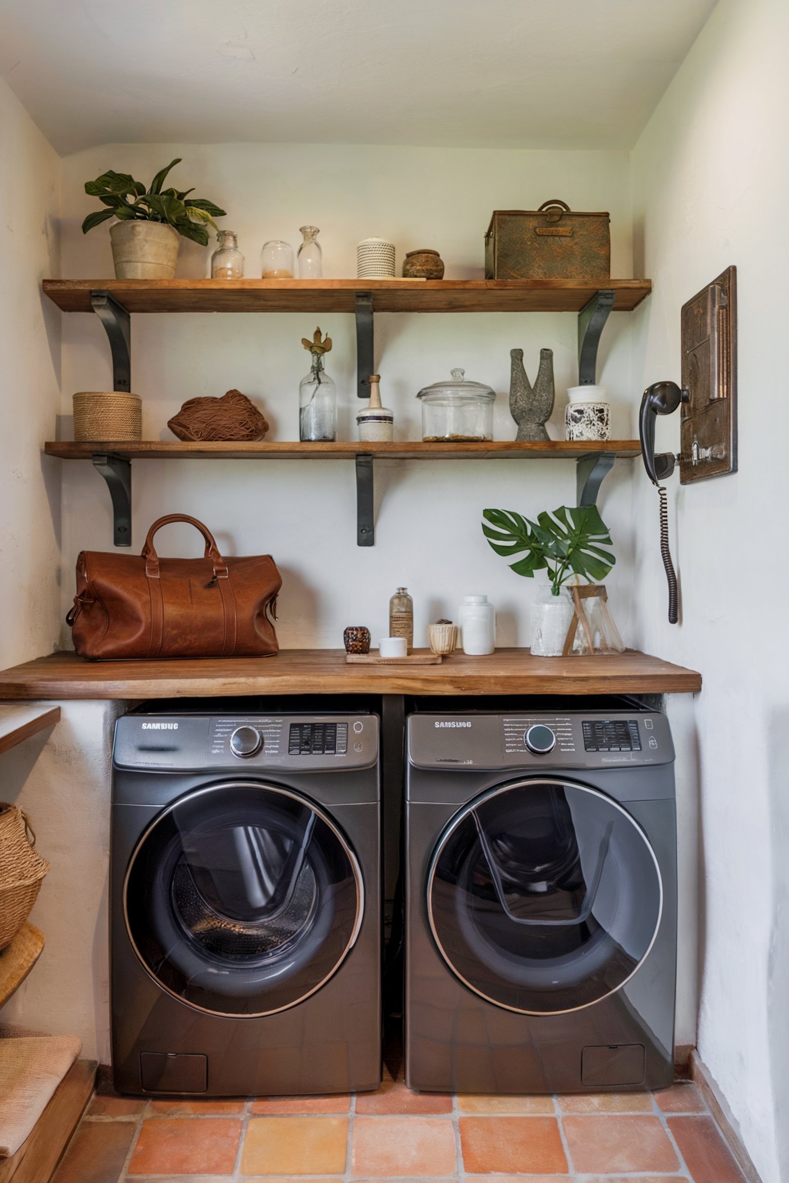 Rustic laundry room with dark appliances, wooden countertops, and open shelves displaying decorative items and storage containers