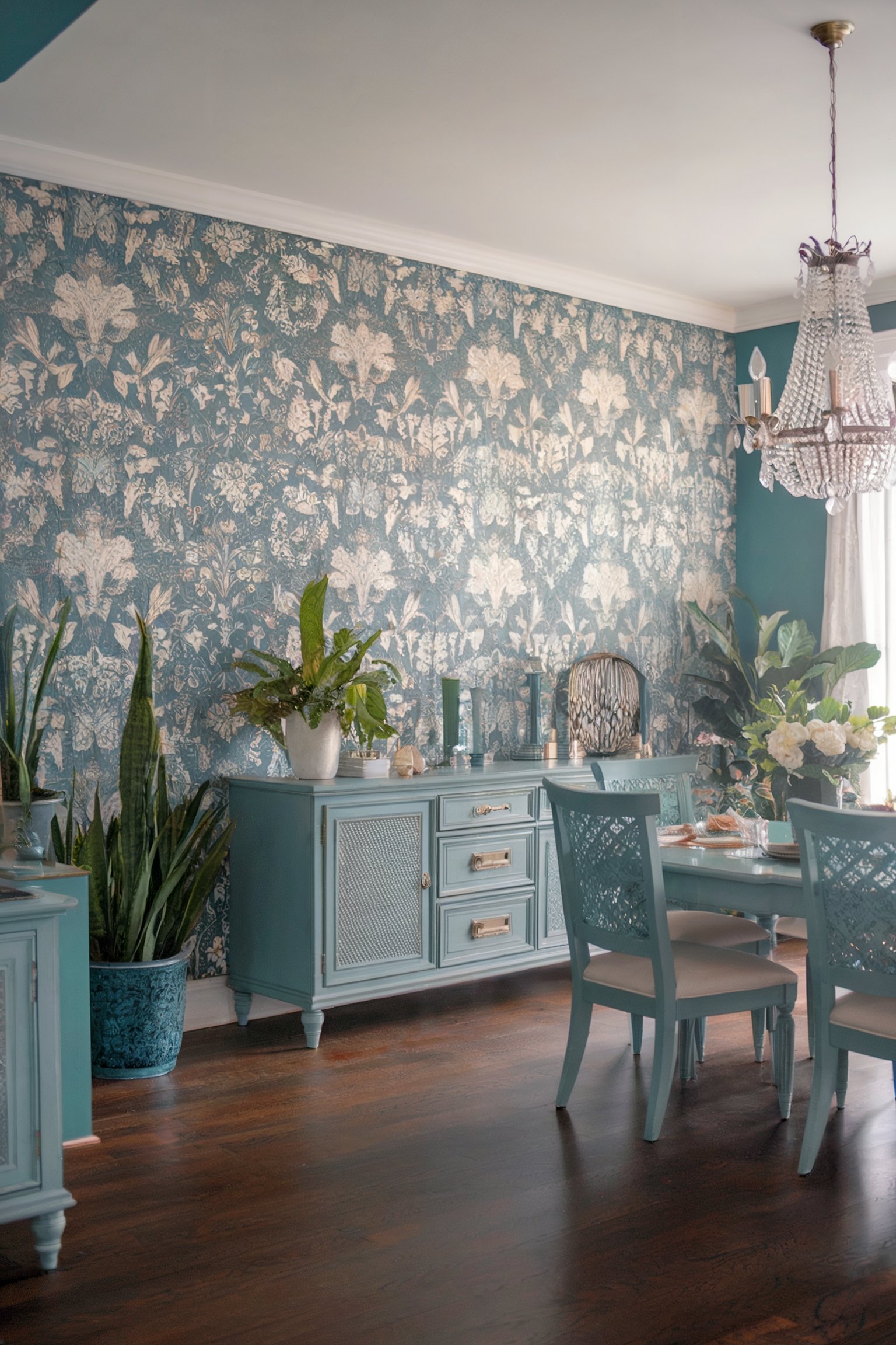 Teal dining room with floral wallpaper, matching furniture, chandelier, and green plants