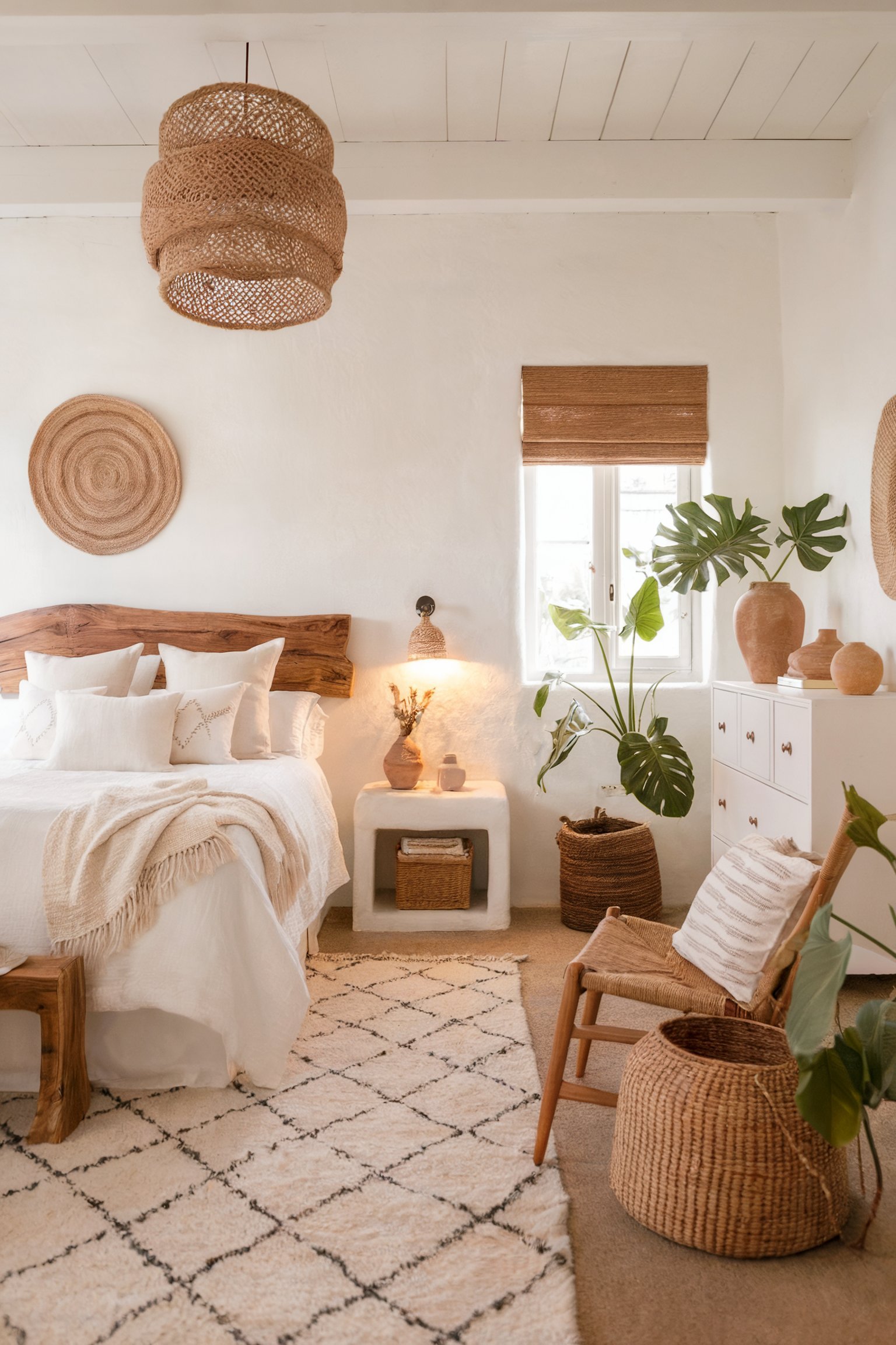A bright and airy bedroom with white walls, natural wood accents, and woven elements, creating a fresh and calming retreat with touches of greenery