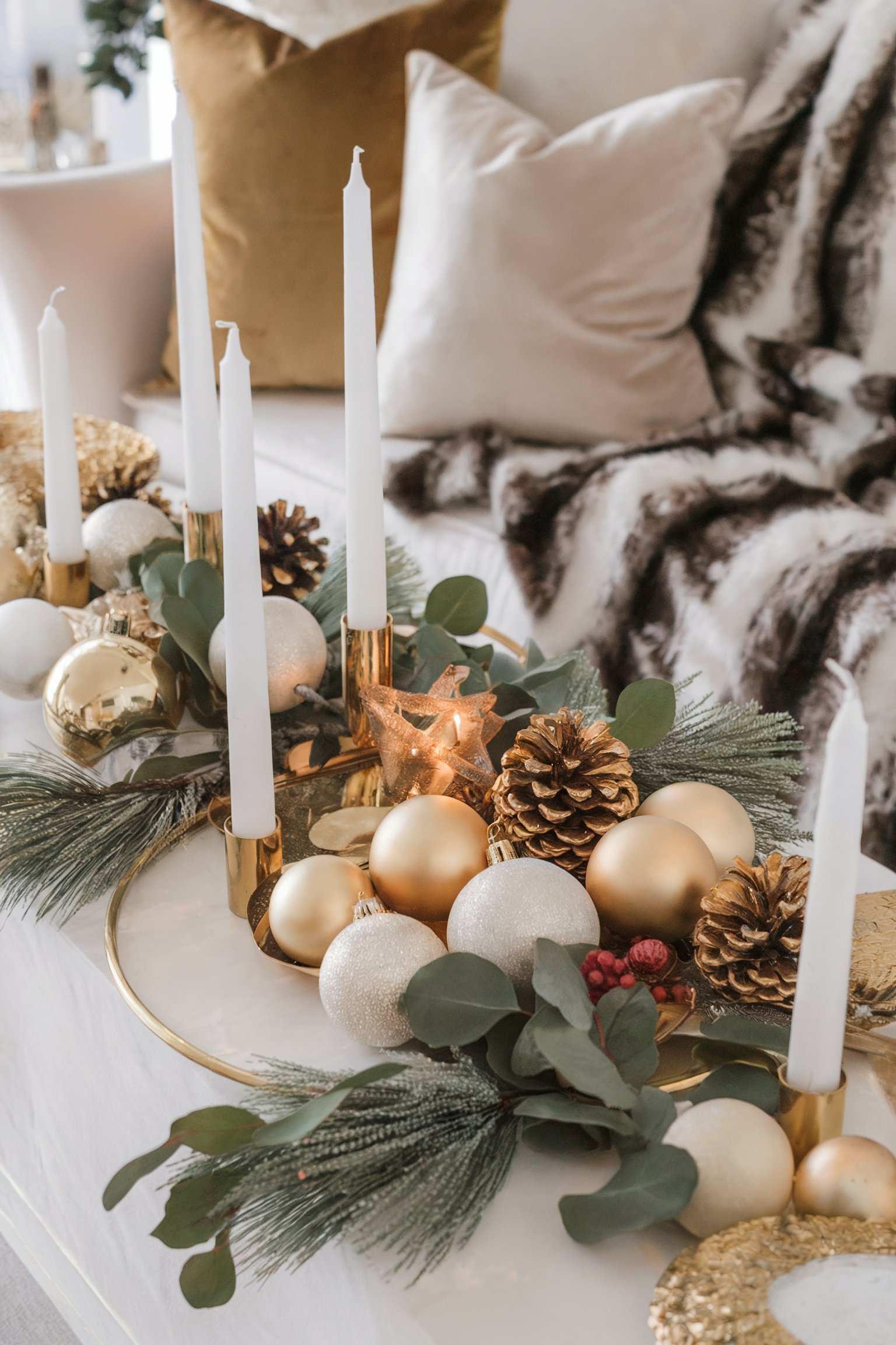 A centerpiece with white taper candles, gold ornaments, pinecones, and sprigs of greenery set on a gold tray