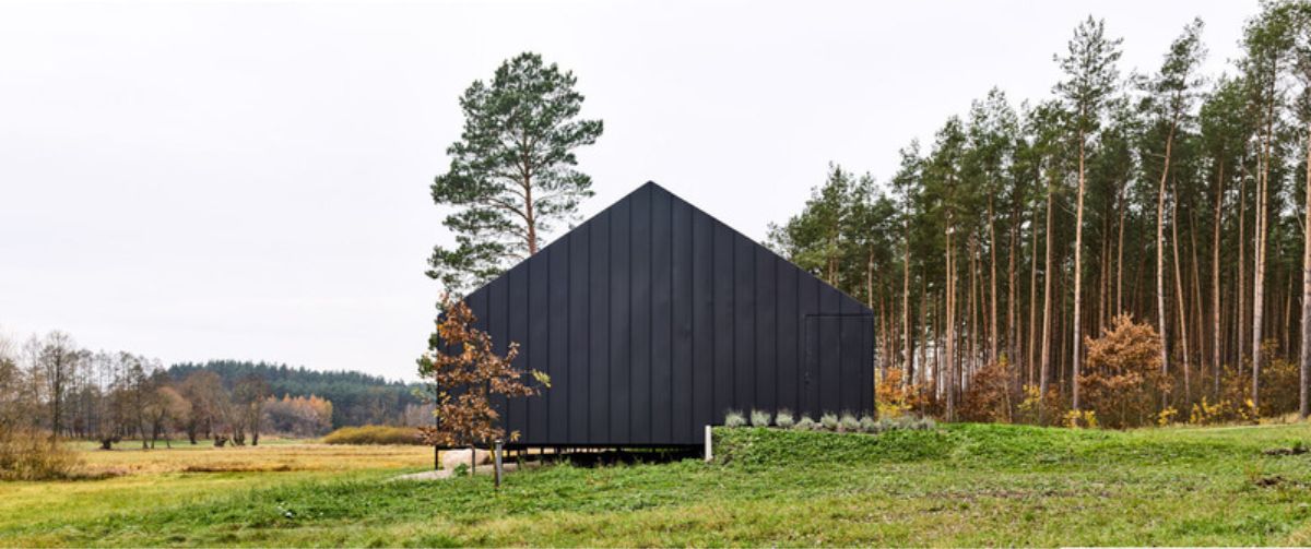 Exterior of ba modern, dark-colored house situated in a wooded area