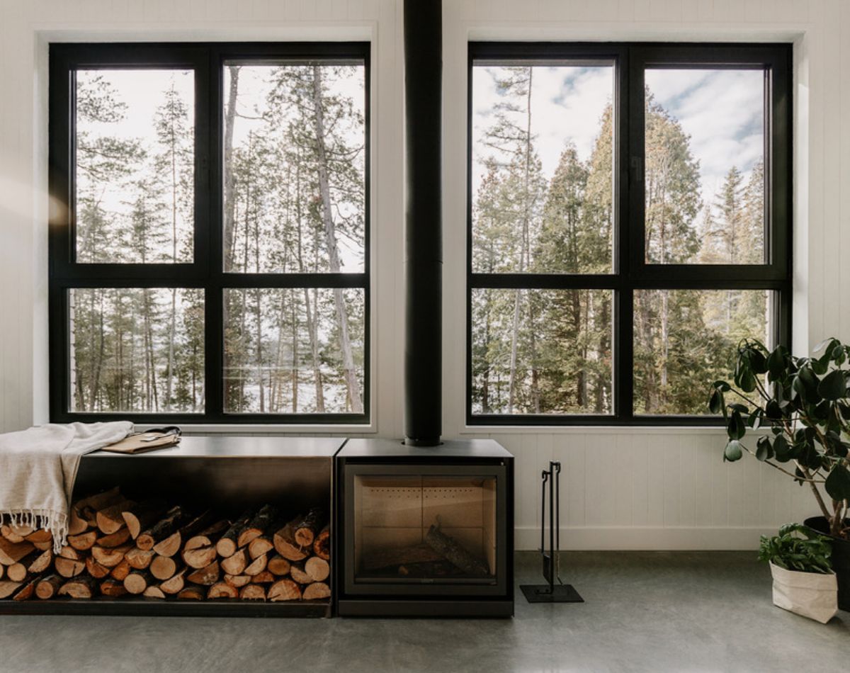 Fireplace with large glass windows