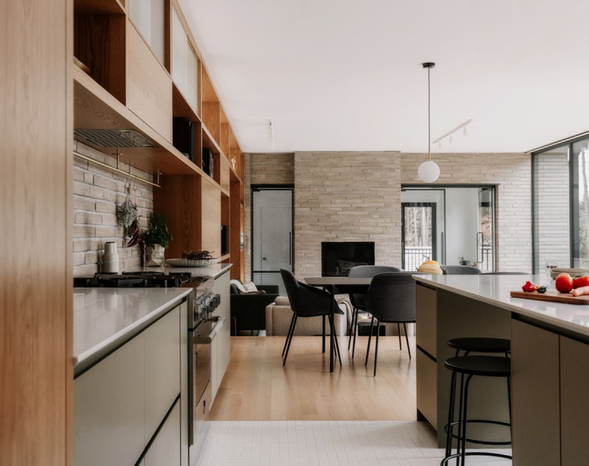 Kitchen with hanging cabinets and dining area